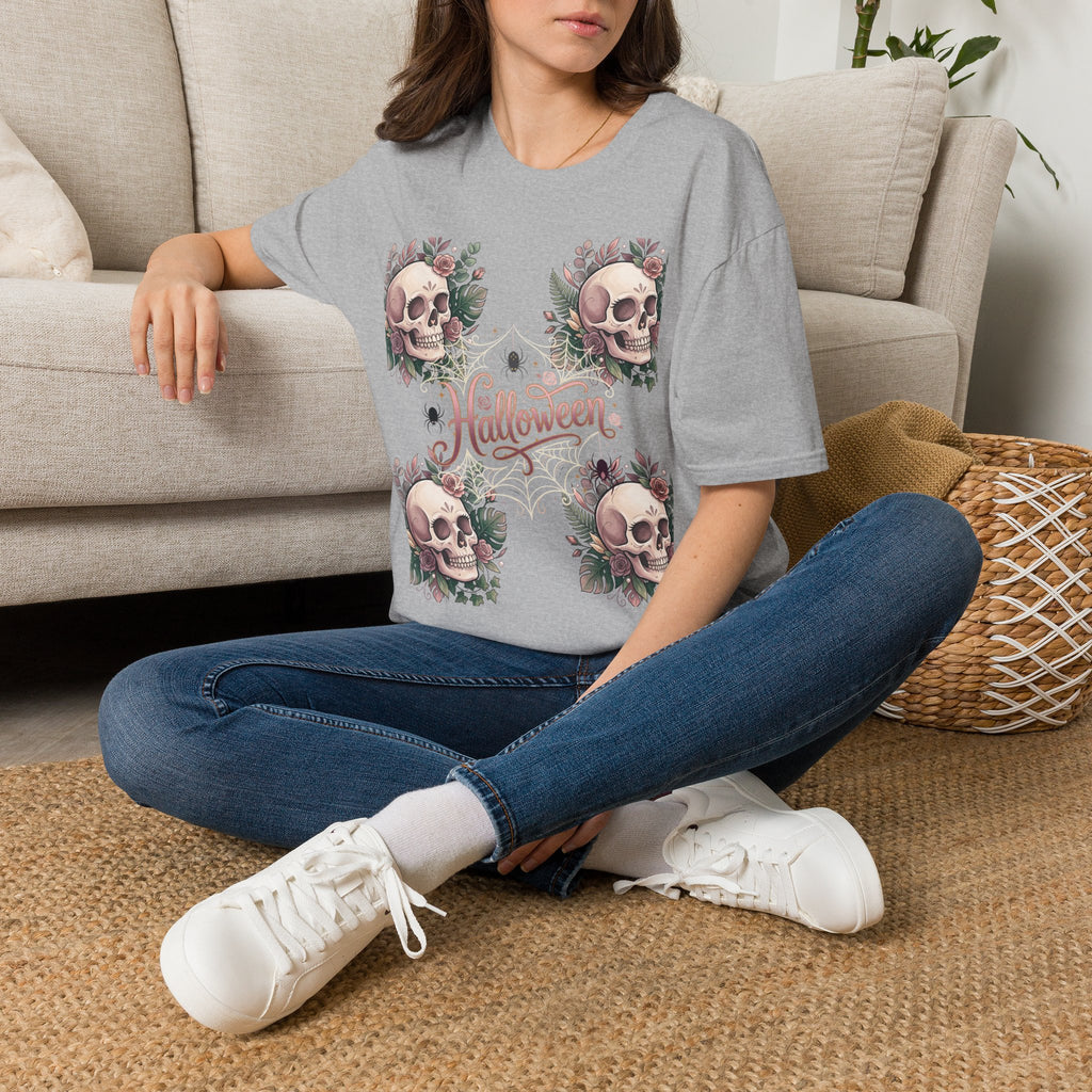 Halloween Skull Floral T-Shirt — Retro Script "Halloween" Tee