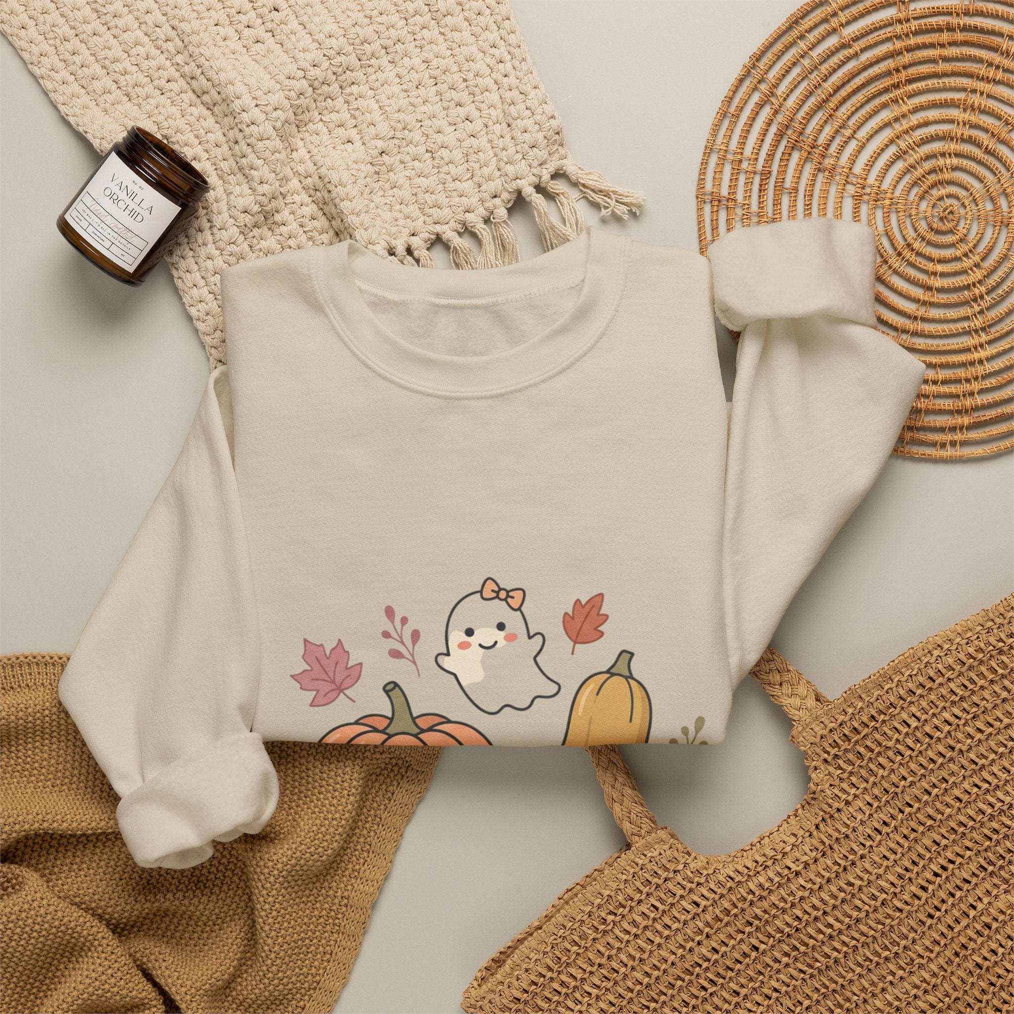 Autumn Pumpkin Ghost Sweatshirt — Cute Fall Crewneck for Women & Men