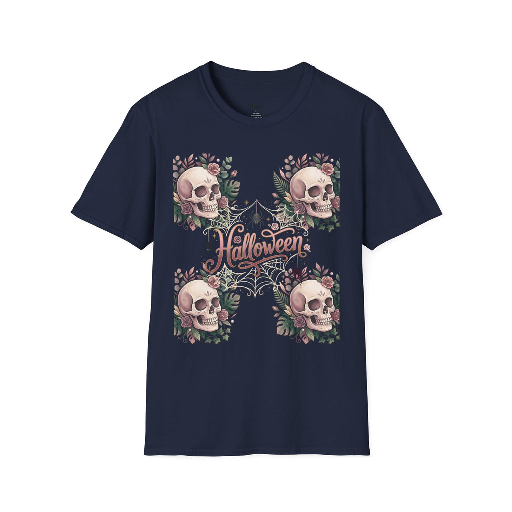 Halloween Skull Floral T-Shirt — Retro Script "Halloween" Tee