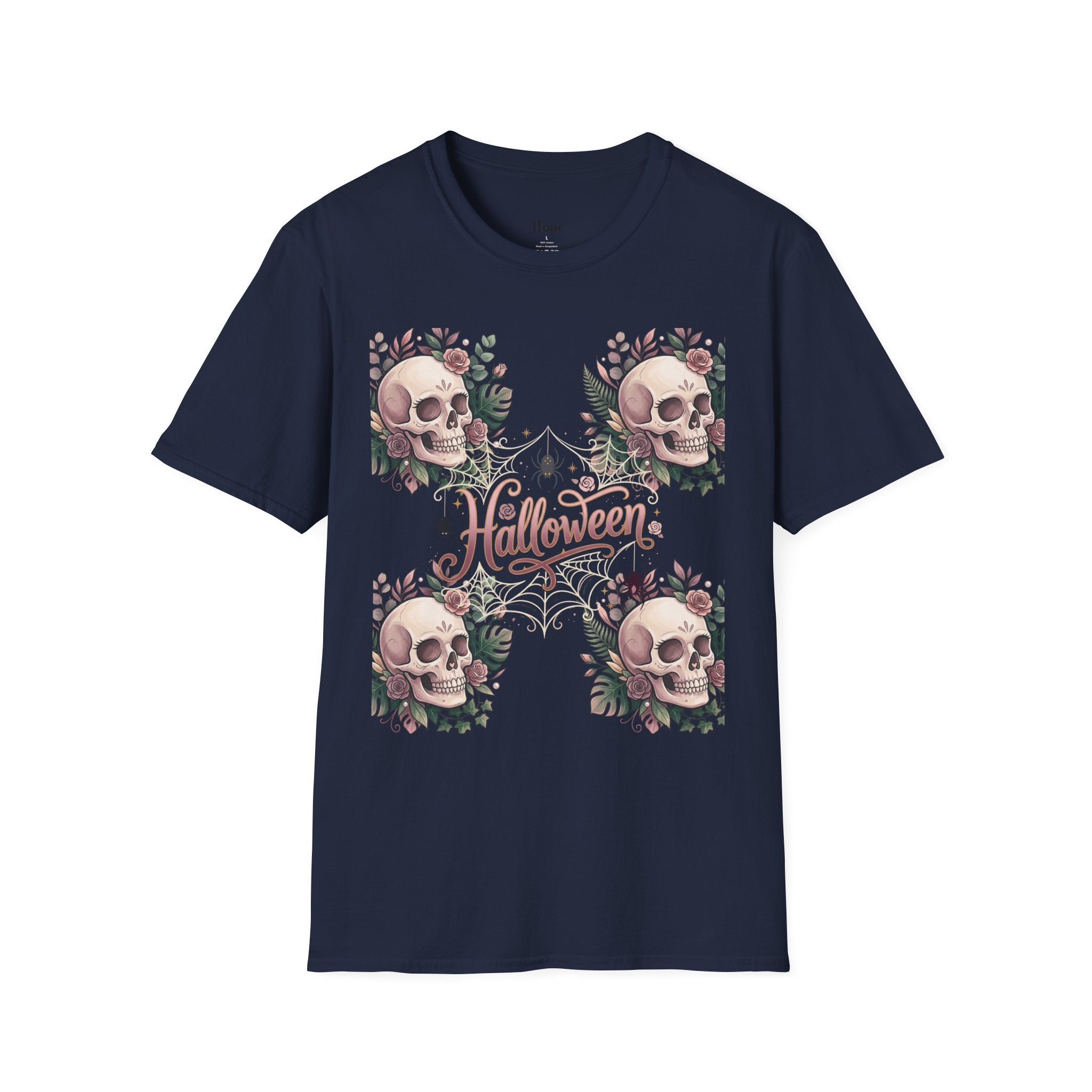 Halloween Skull Floral T-Shirt — Retro Script "Halloween" Tee
