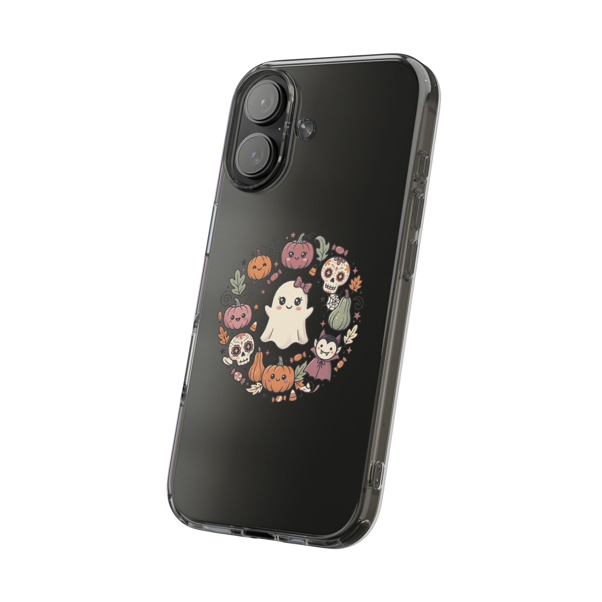 Halloween Ghost Wreath Clear Phone Case — Cute Pumpkin & Skull iPhone Cover