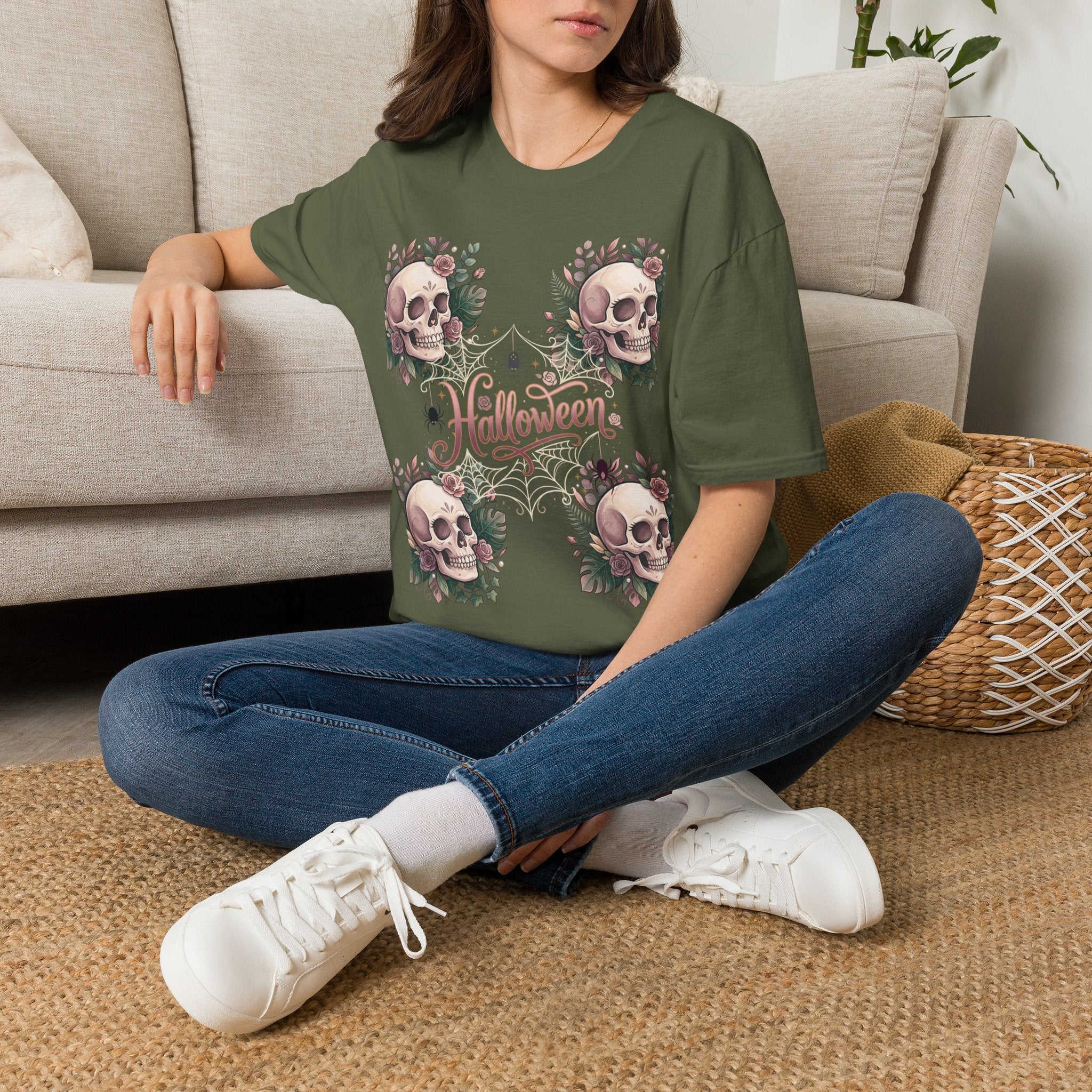 Halloween Skull Floral T-Shirt — Retro Script "Halloween" Tee