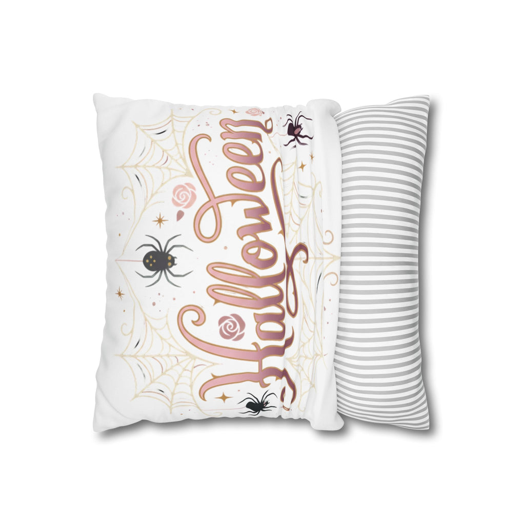 Halloween Decorative Pillowcase — Pink Script "Halloween" with Spiders & Webs