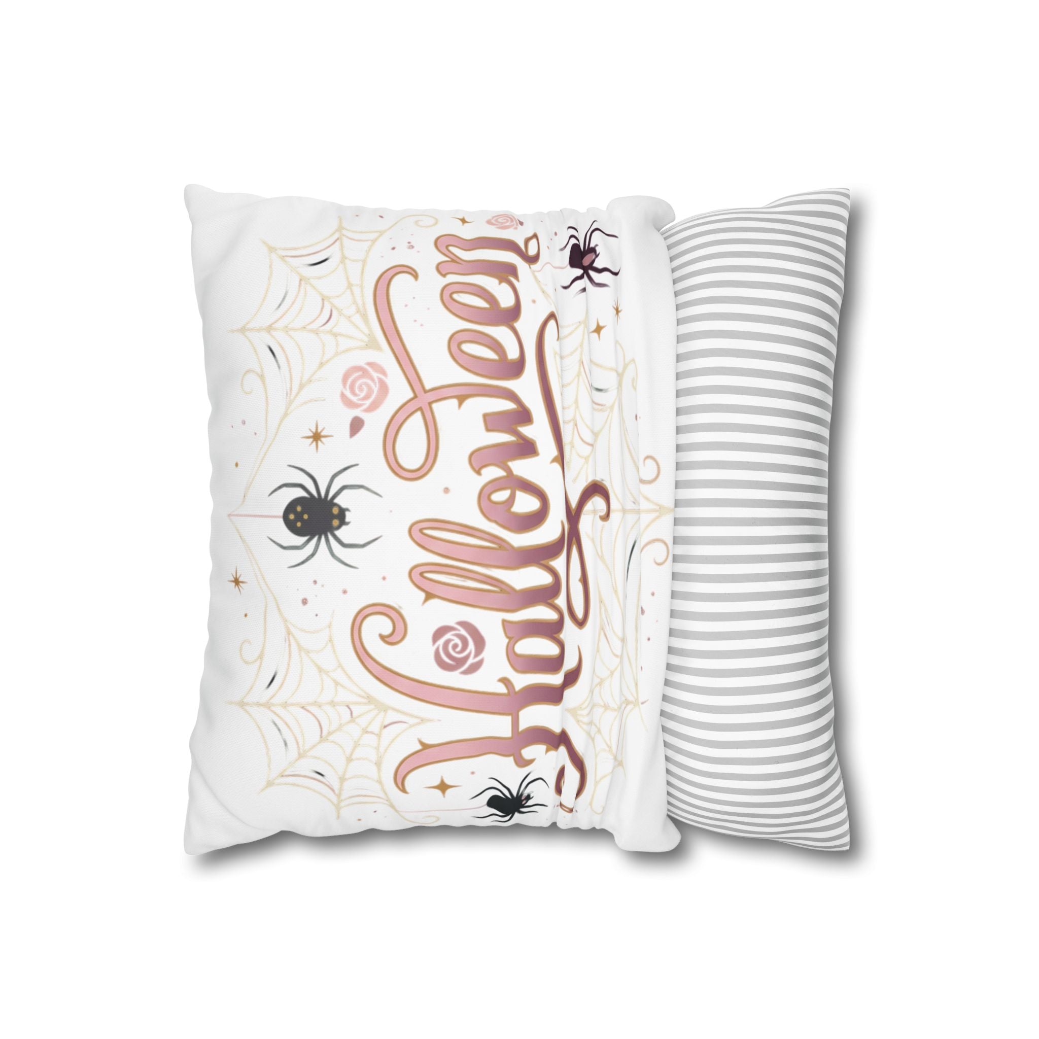Halloween Decorative Pillowcase — Pink Script "Halloween" with Spiders & Webs