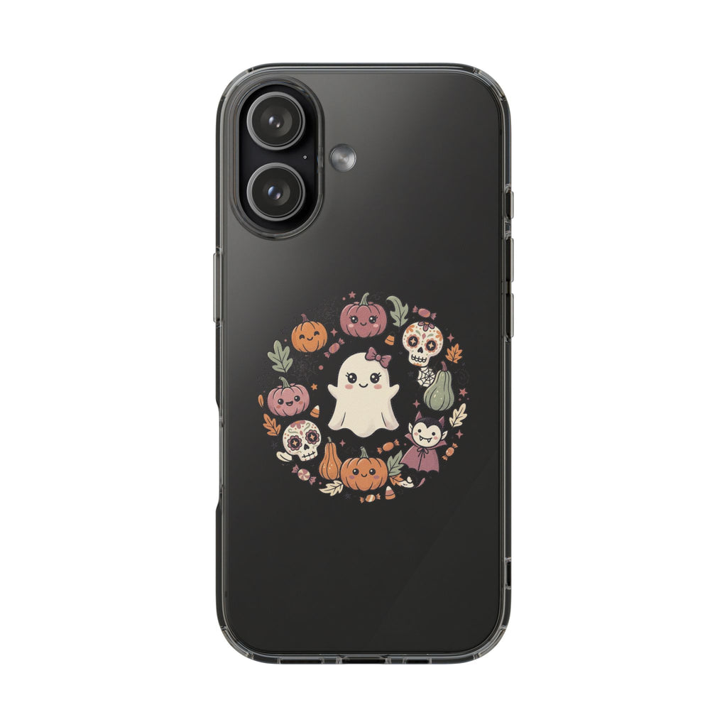 Halloween Ghost Wreath Clear Phone Case — Cute Pumpkin & Skull iPhone Cover