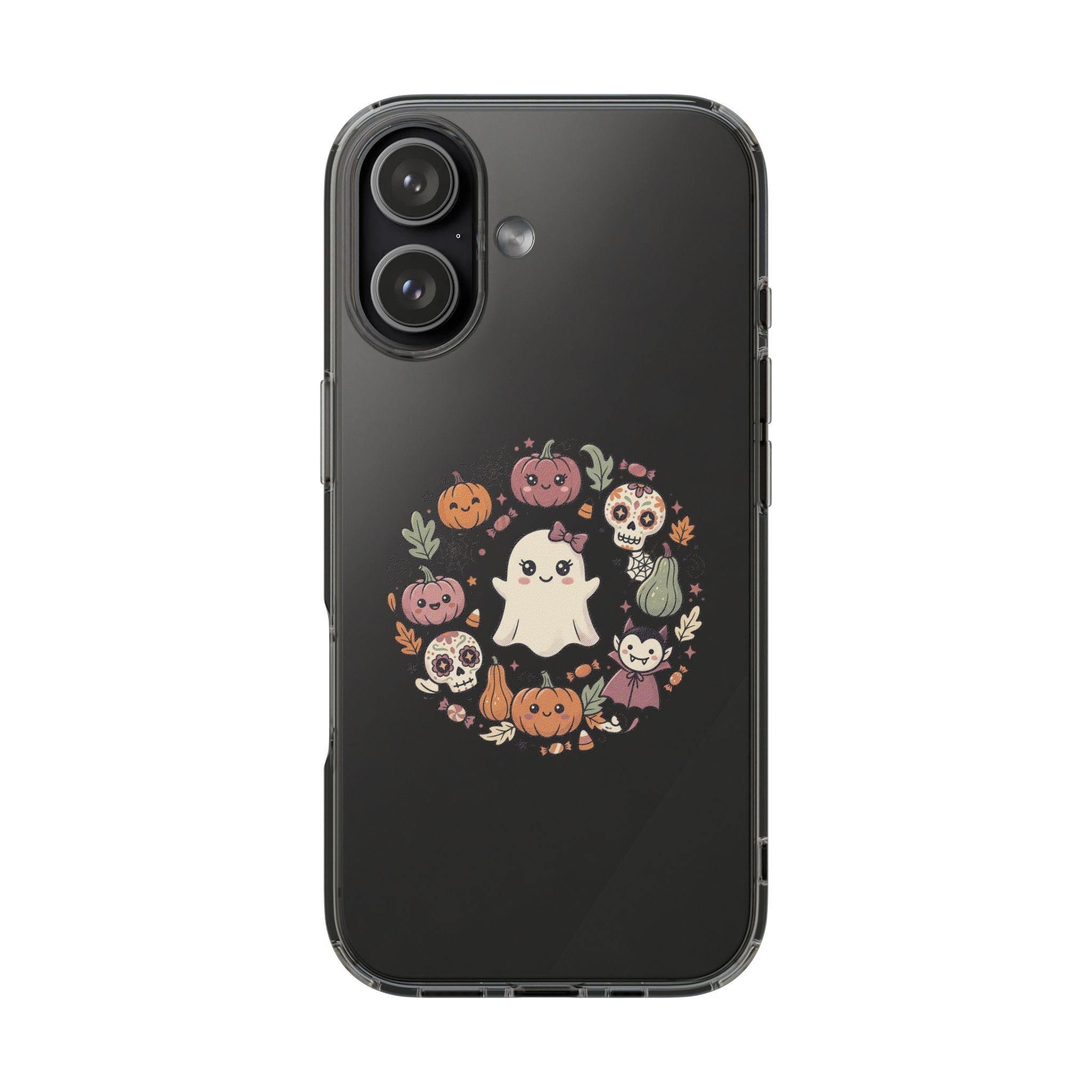 Halloween Ghost Wreath Clear Phone Case — Cute Pumpkin & Skull iPhone Cover