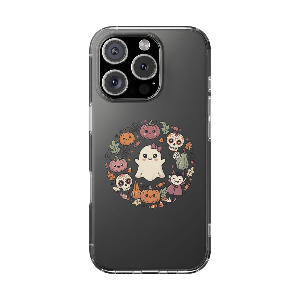 Halloween Ghost Wreath Clear Phone Case — Cute Pumpkin & Skull iPhone Cover