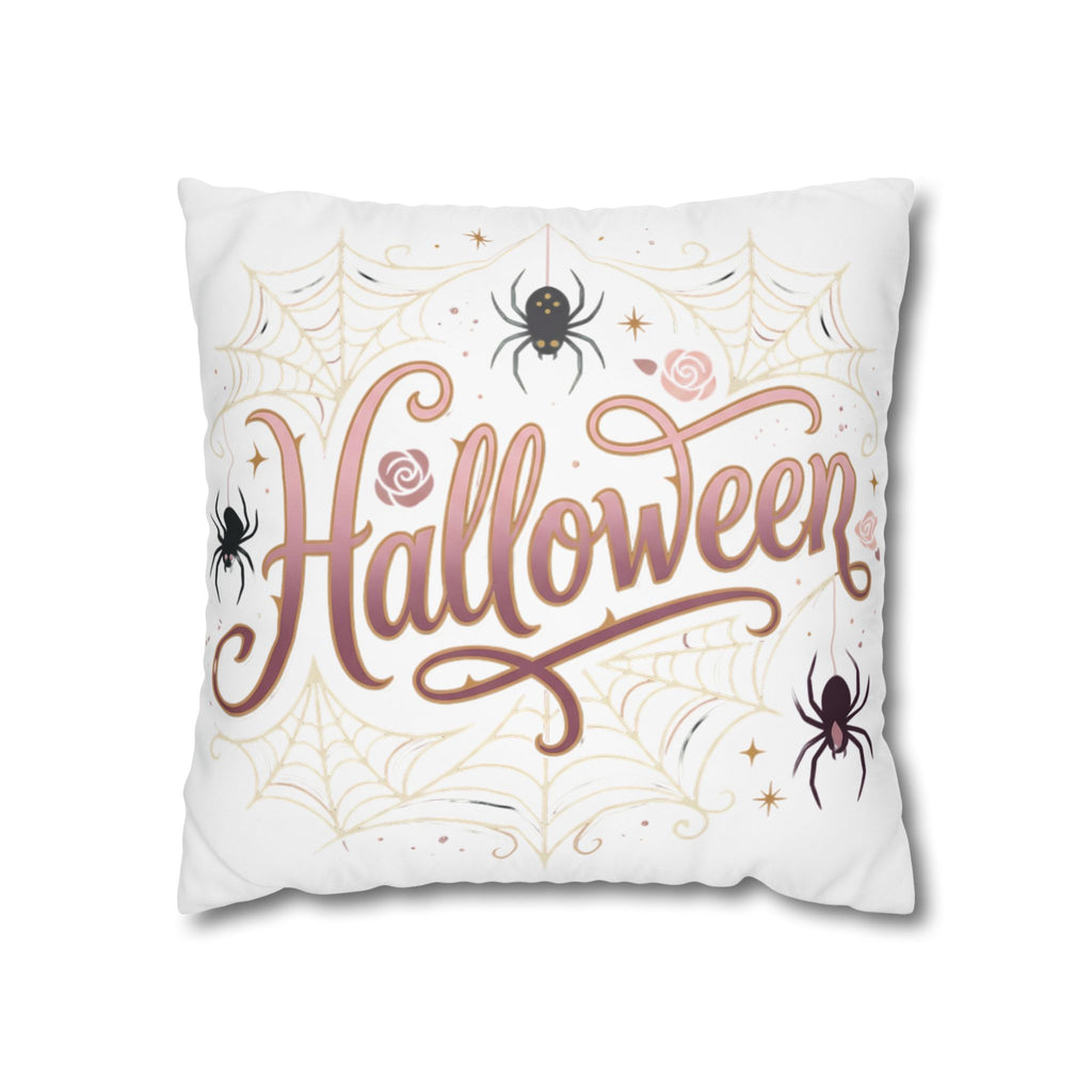 Halloween Decorative Pillowcase — Pink Script "Halloween" with Spiders & Webs