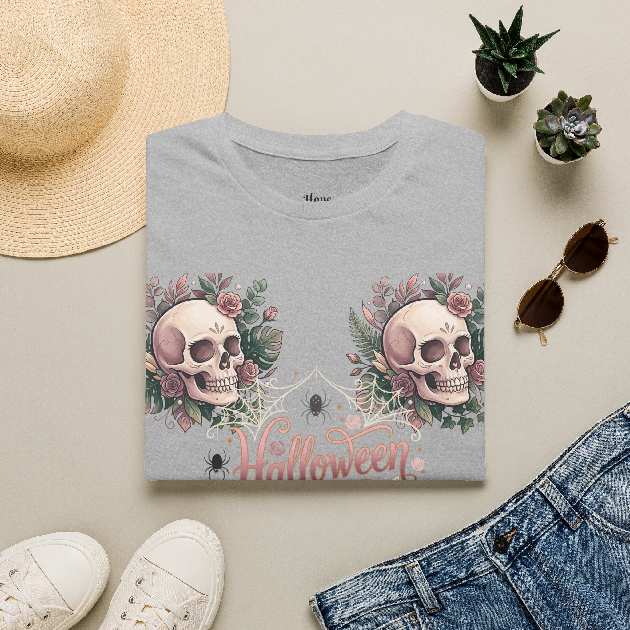 Halloween Skull Floral T-Shirt — Retro Script "Halloween" Tee