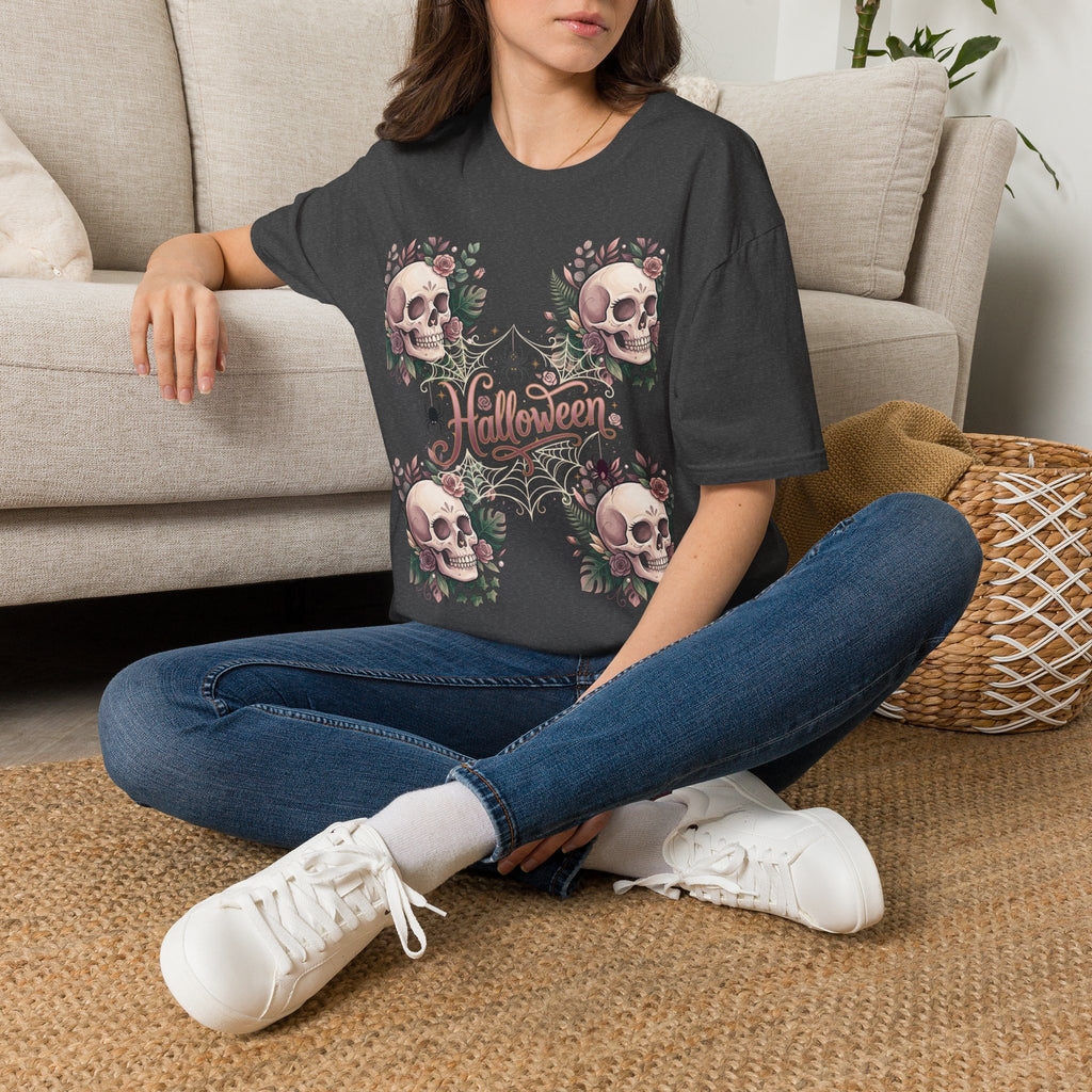 Halloween Skull Floral T-Shirt — Retro Script "Halloween" Tee