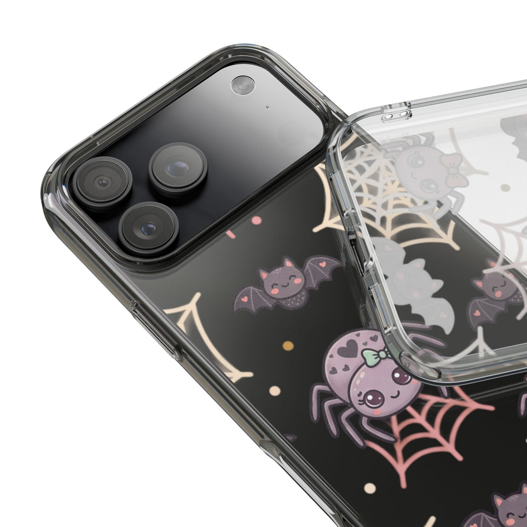 Cute Halloween Spider Clear Impact Phone Case — Kawaii Spider & Bat Halloween Design