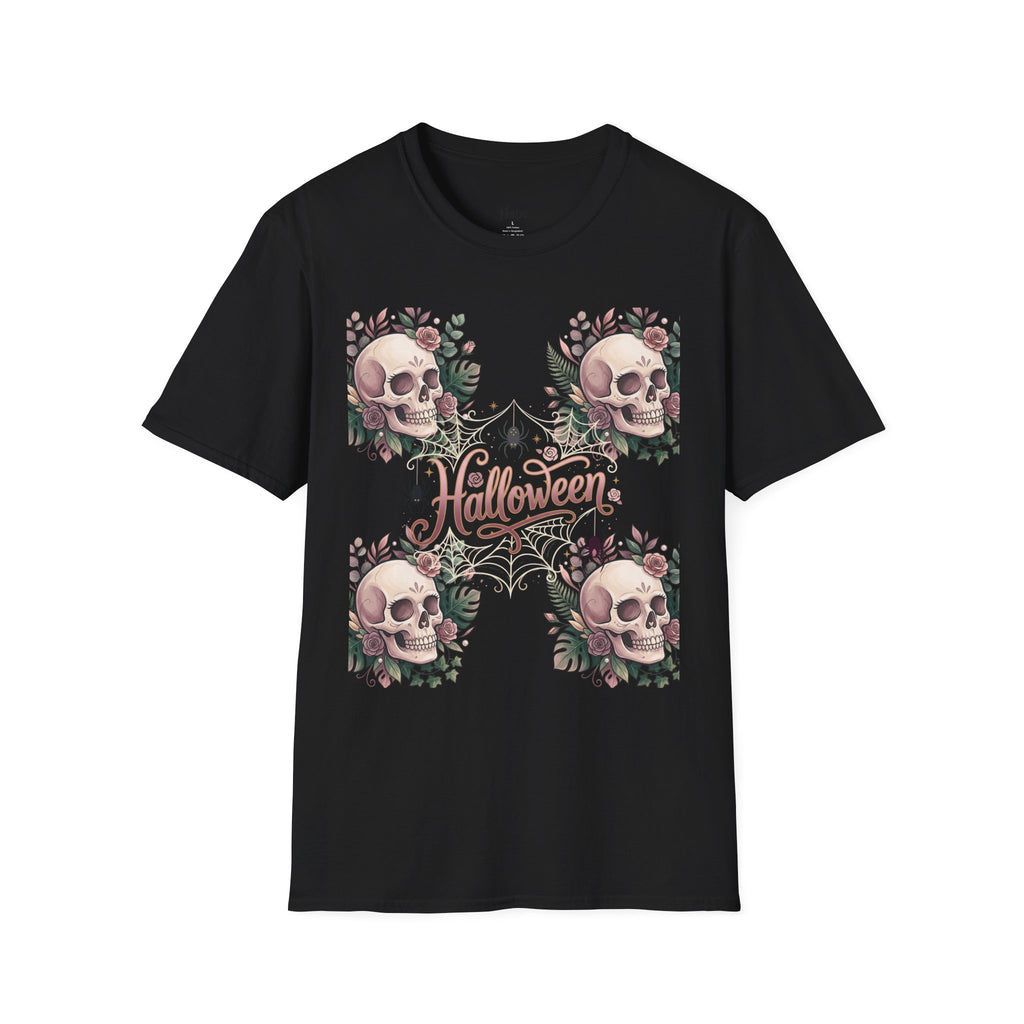 Halloween Skull Floral T-Shirt — Retro Script "Halloween" Tee