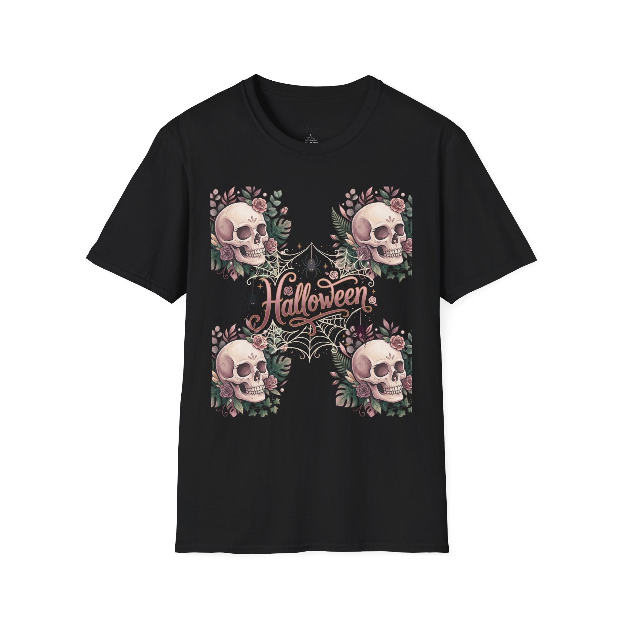 Halloween Skull Floral T-Shirt — Retro Script "Halloween" Tee