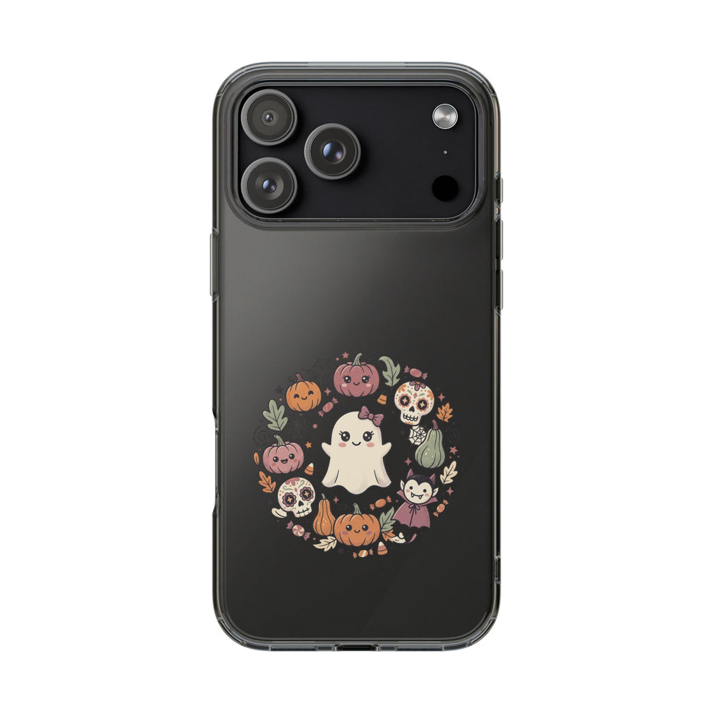 Halloween Ghost Wreath Clear Phone Case — Cute Pumpkin & Skull iPhone Cover