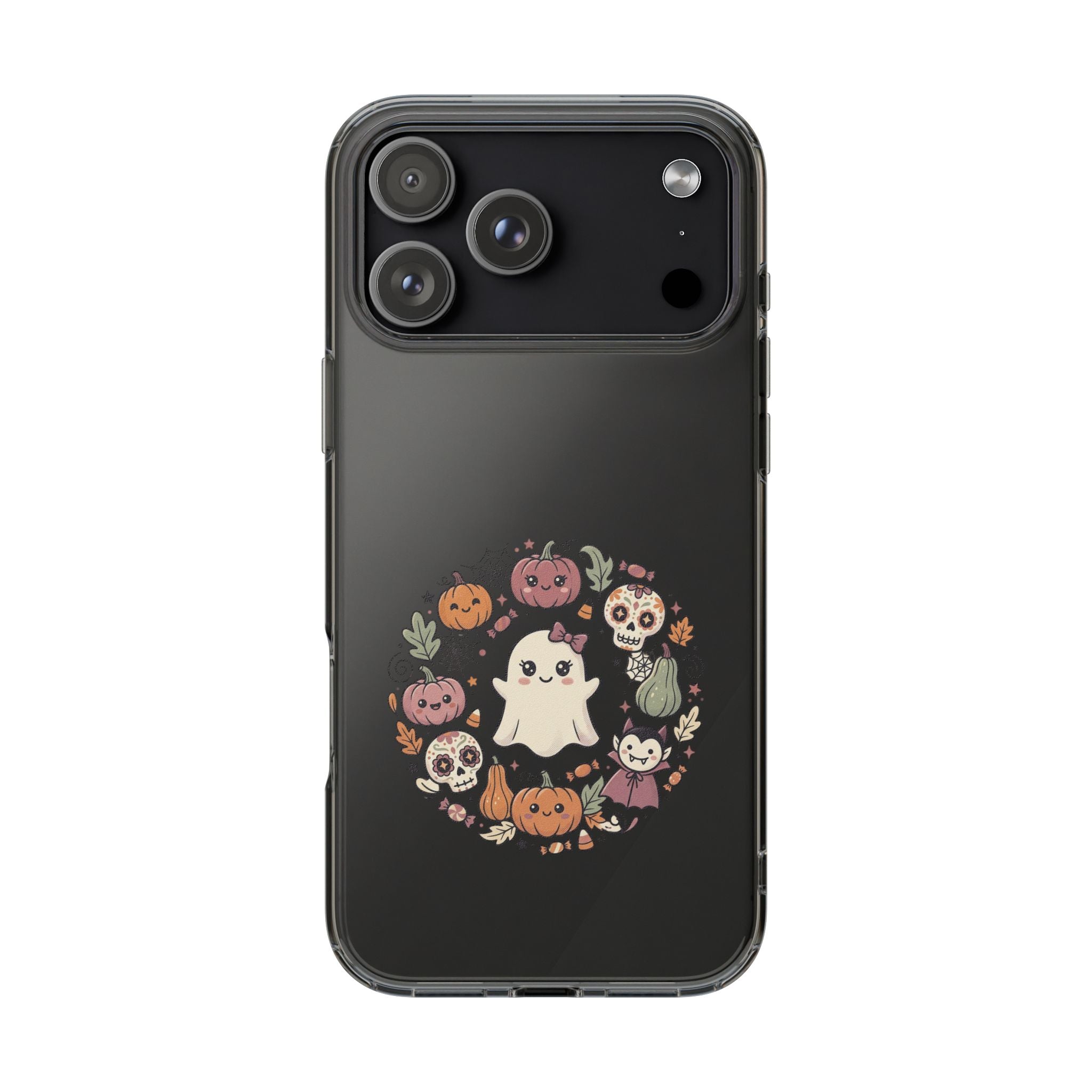 Halloween Ghost Wreath Clear Phone Case — Cute Pumpkin & Skull iPhone Cover