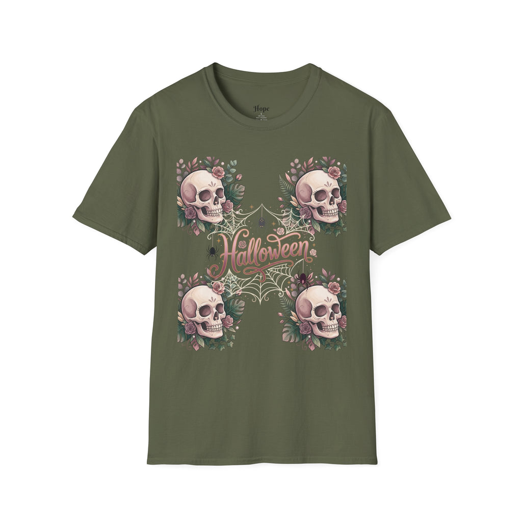 Halloween Skull Floral T-Shirt — Retro Script "Halloween" Tee