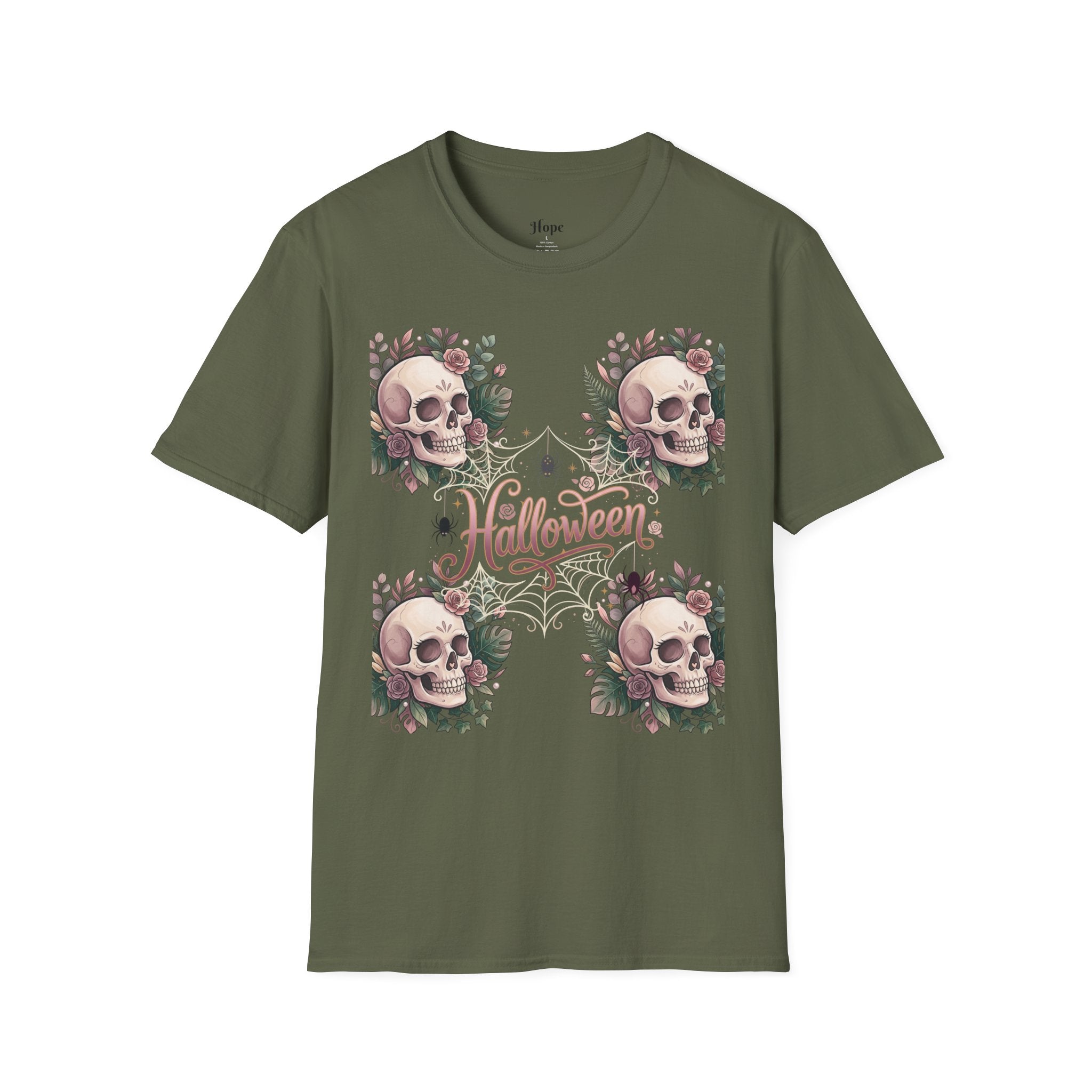 Halloween Skull Floral T-Shirt — Retro Script "Halloween" Tee