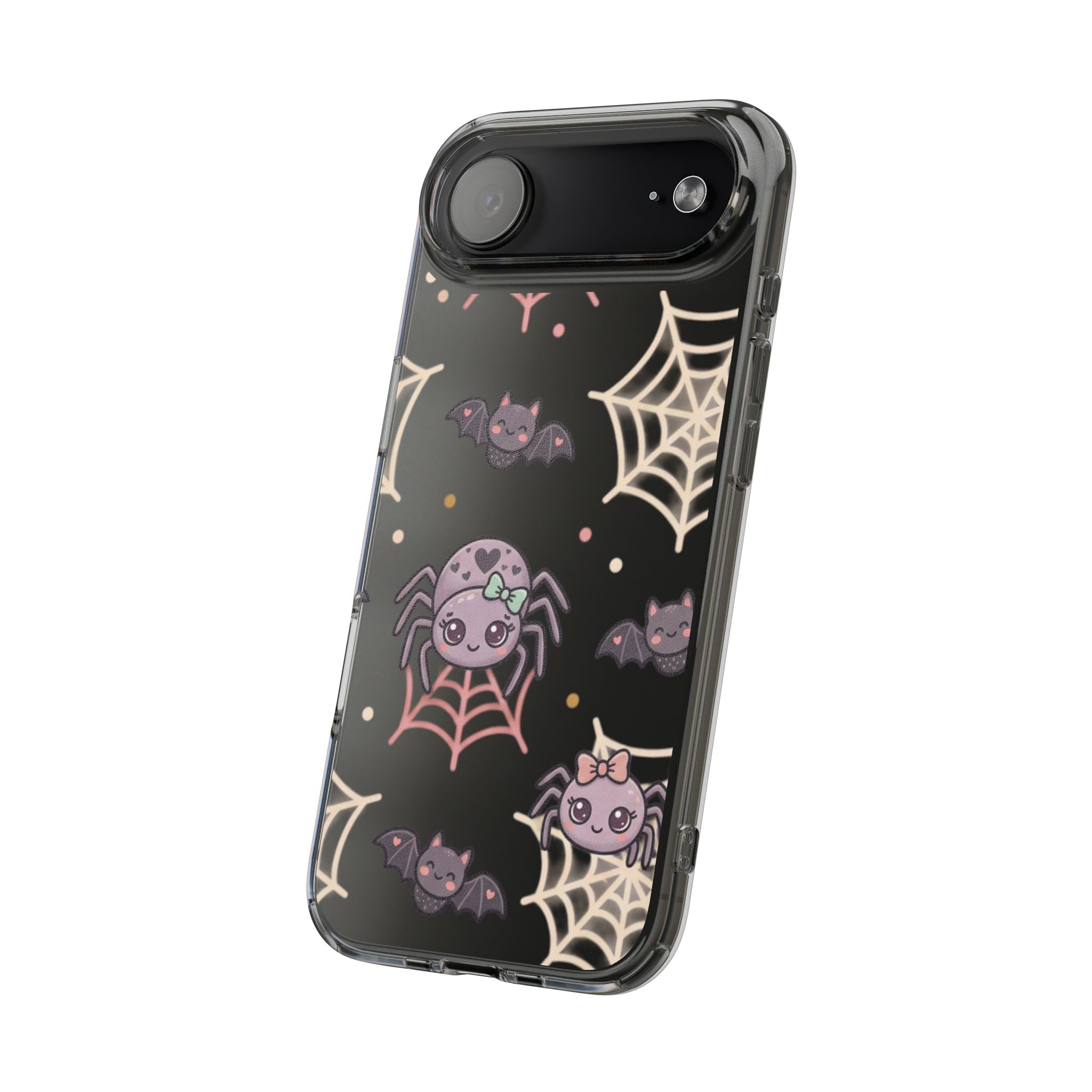 Cute Halloween Spider Clear Impact Phone Case — Kawaii Spider & Bat Halloween Design