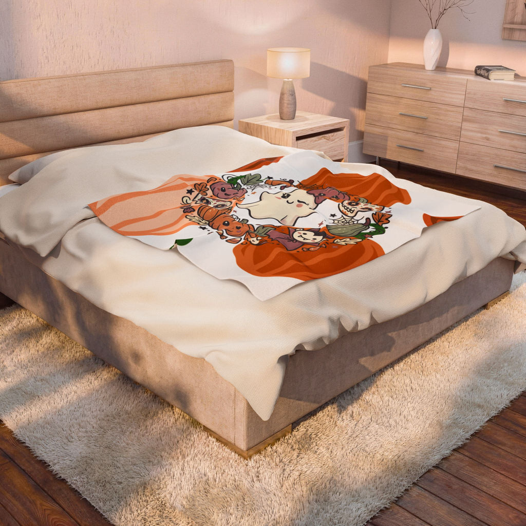 Halloween Ghost Plush Blanket — Cute Pumpkin & Sugar Skull Fall Throw