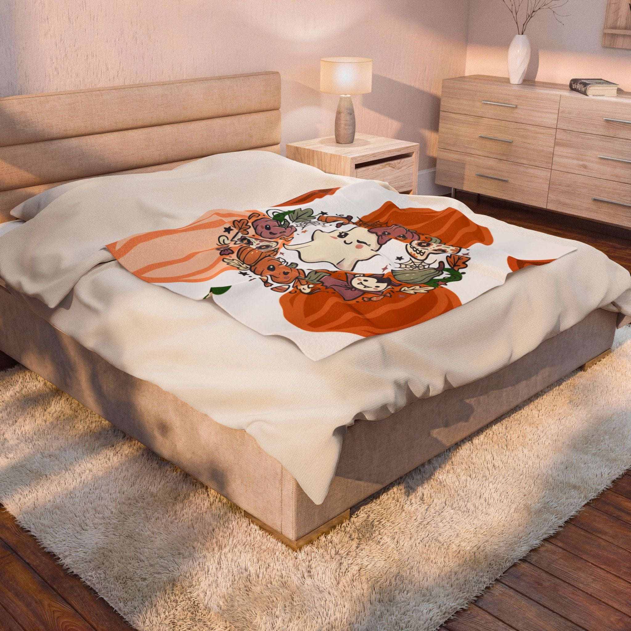 Halloween Ghost Plush Blanket — Cute Pumpkin & Sugar Skull Fall Throw