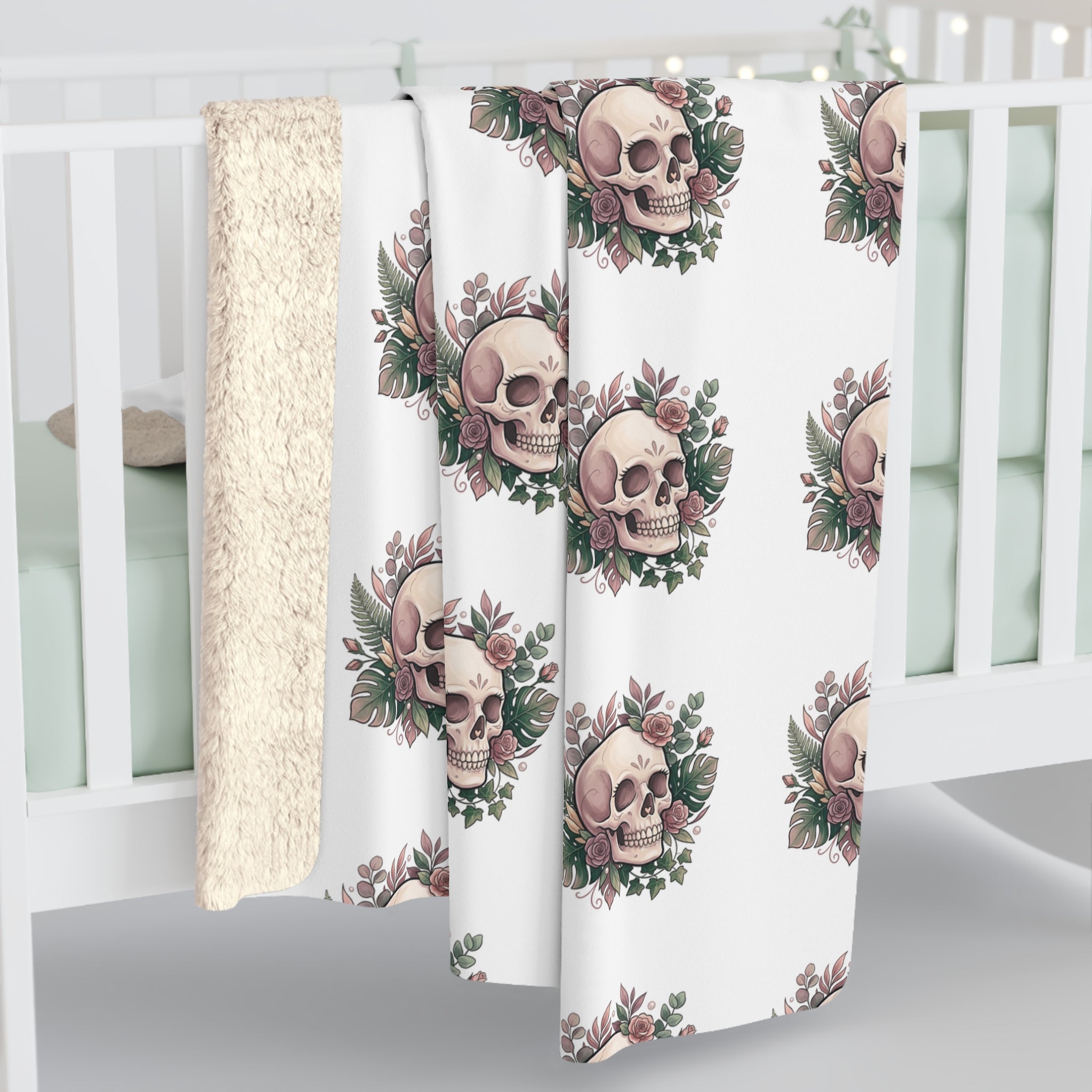 Skull & Roses Sherpa Blanket — Cozy Gothic Floral Throw