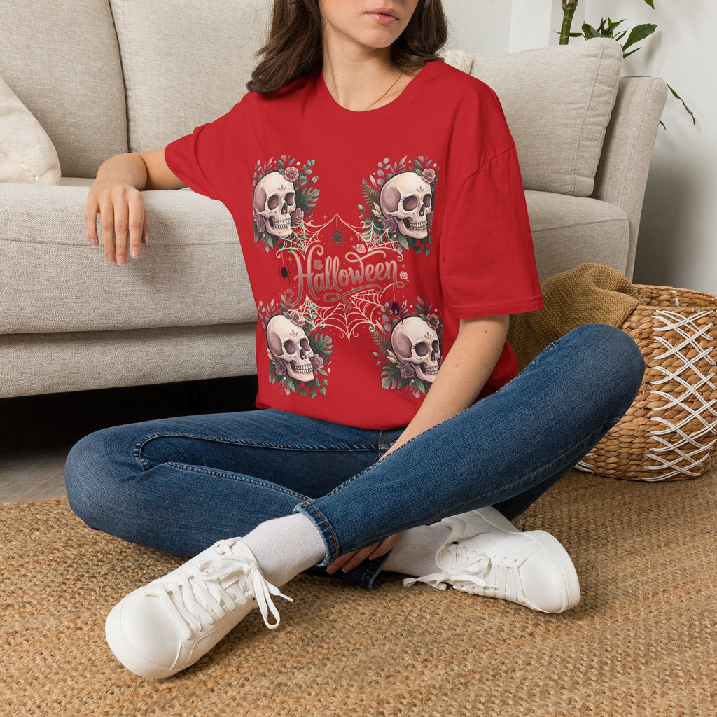 Halloween Skull Floral T-Shirt — Retro Script "Halloween" Tee
