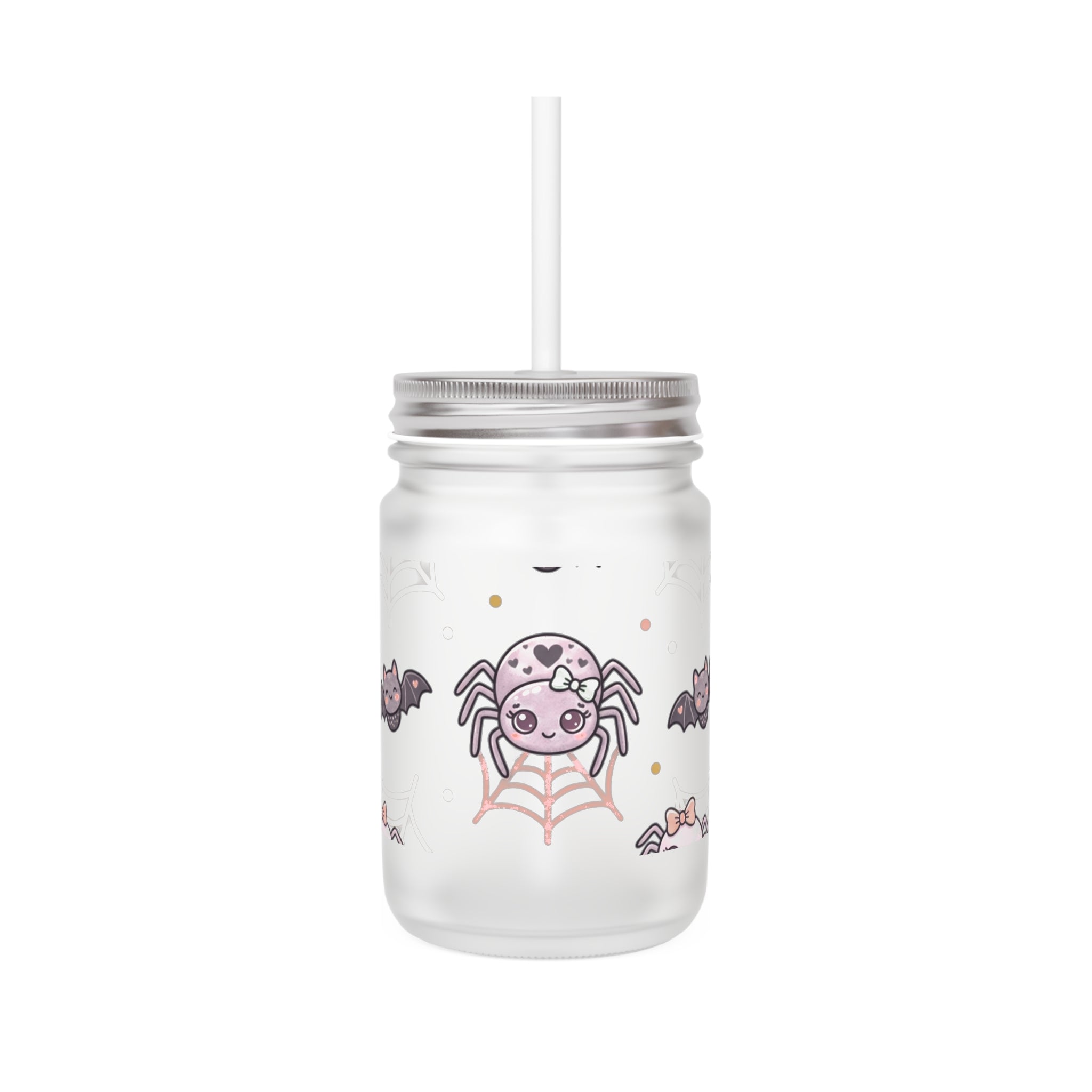 Cute Halloween Mason Jar Tumbler — Spider & Bat Candy Design with Straw
