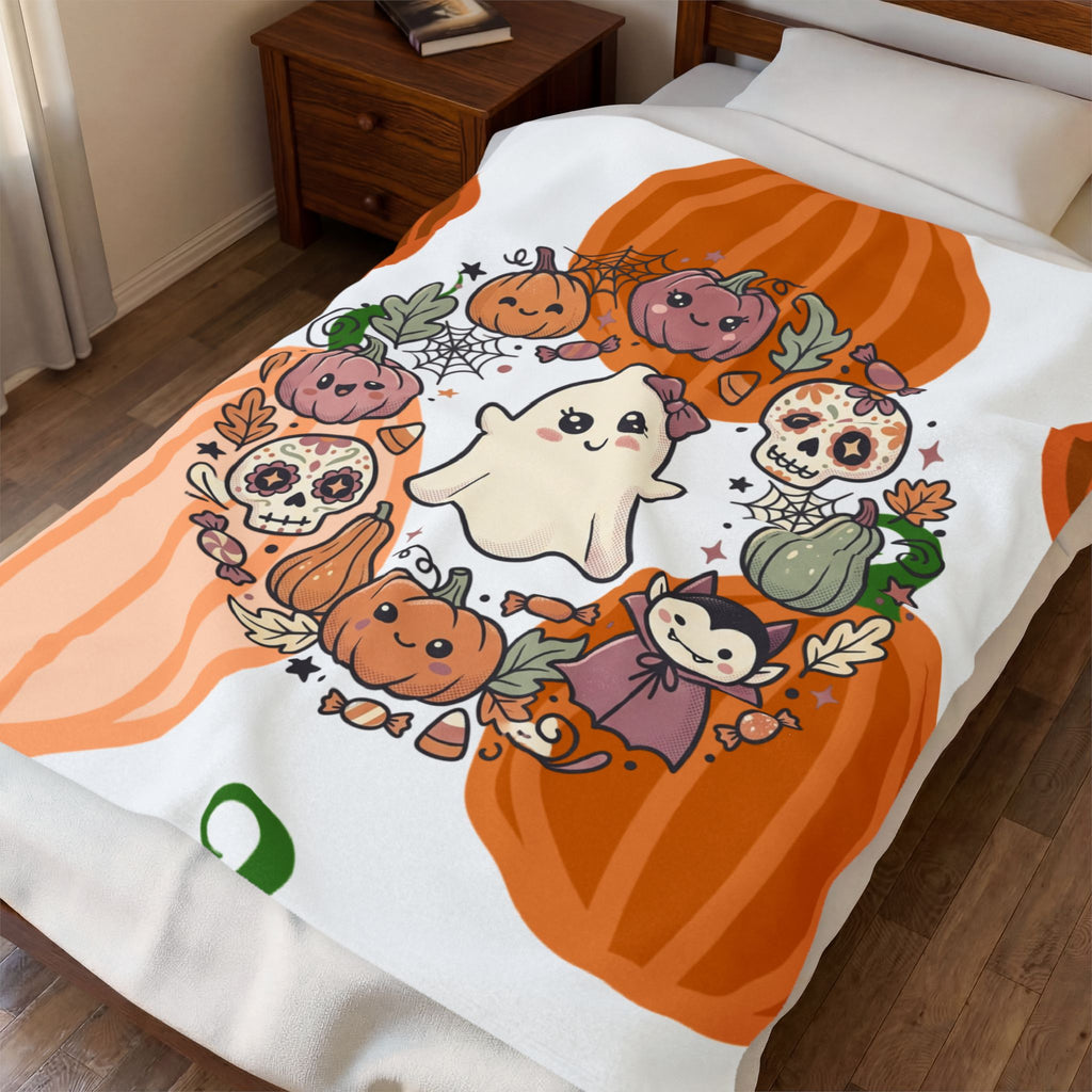 Halloween Ghost Plush Blanket — Cute Pumpkin & Sugar Skull Fall Throw