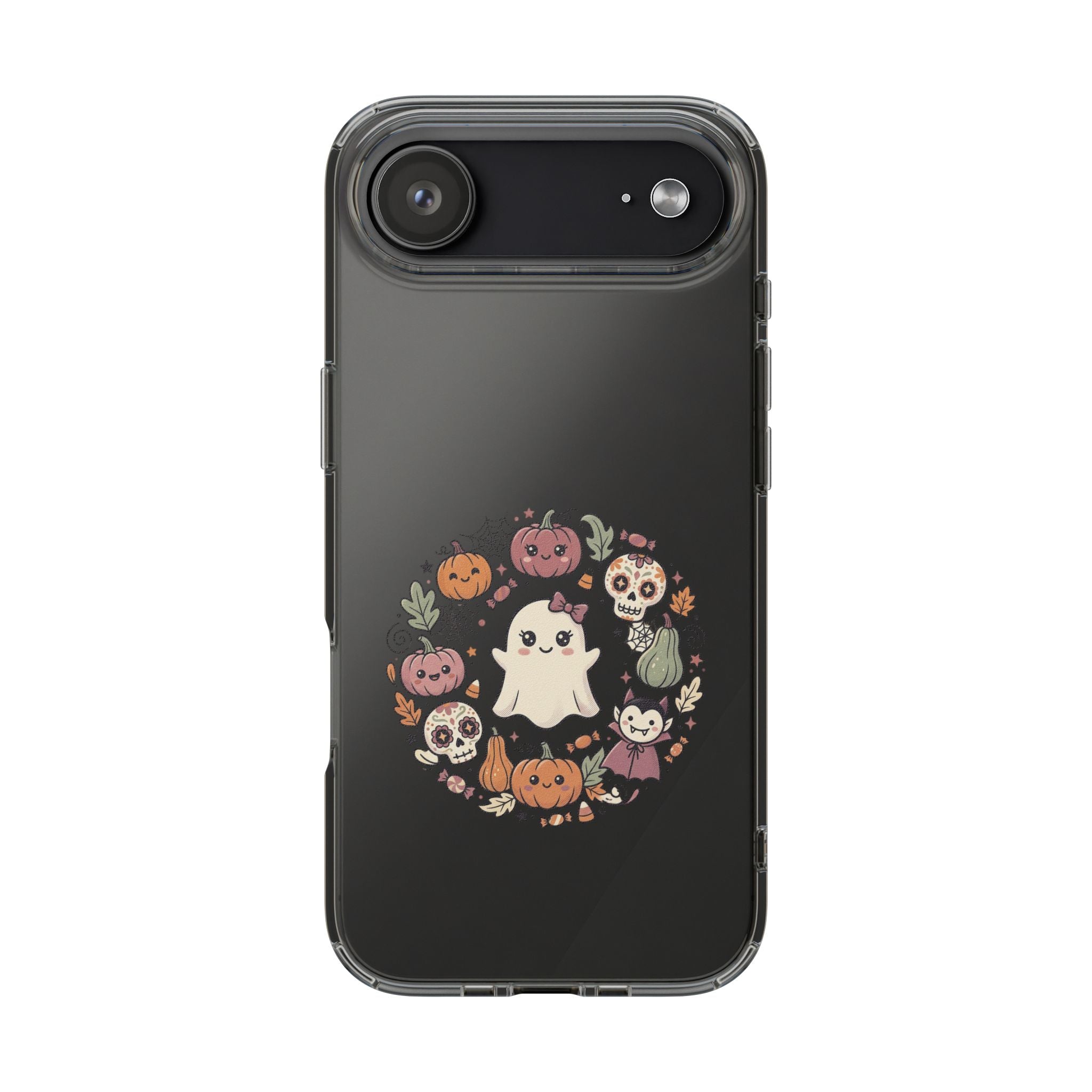 Halloween Ghost Wreath Clear Phone Case — Cute Pumpkin & Skull iPhone Cover