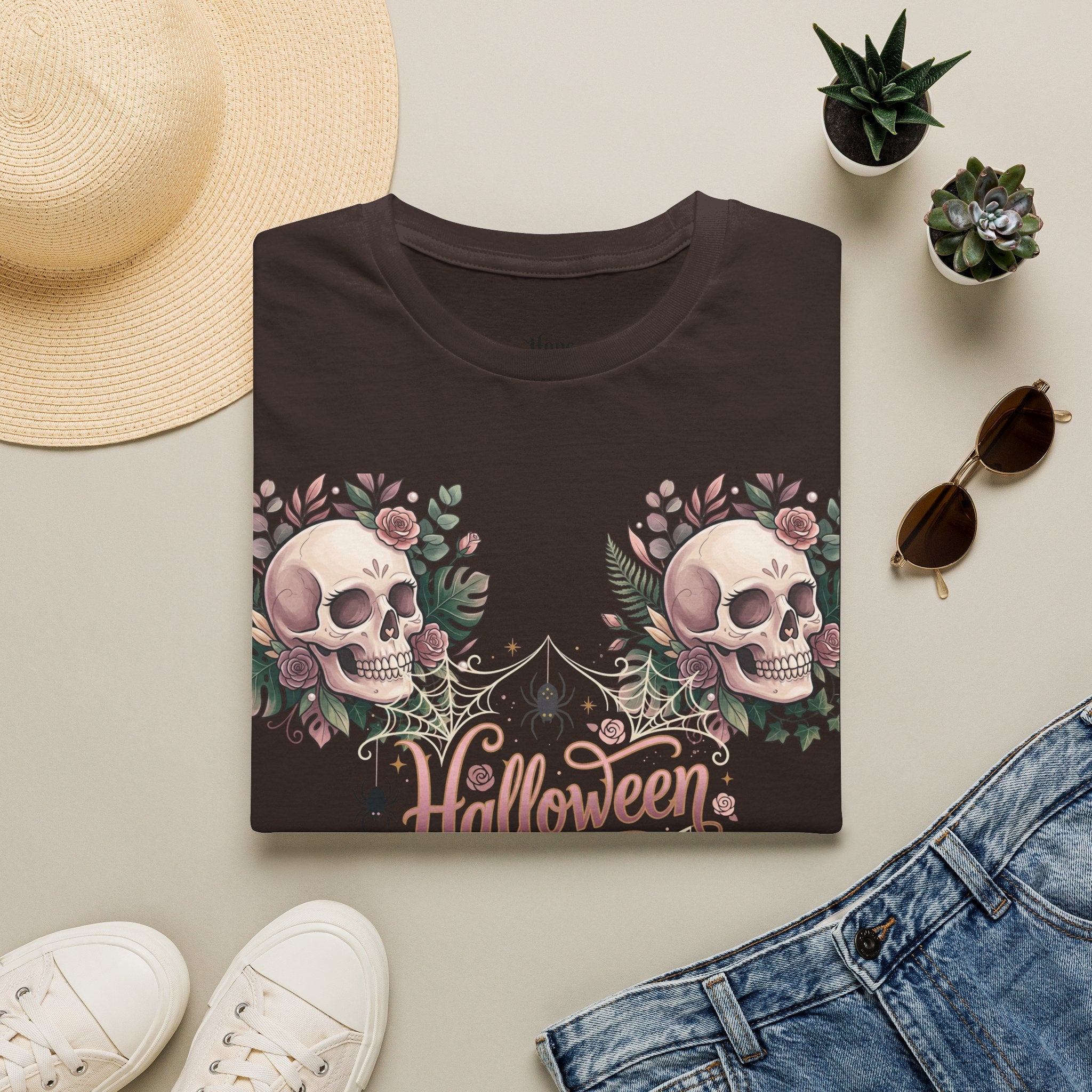 Halloween Skull Floral T-Shirt — Retro Script "Halloween" Tee