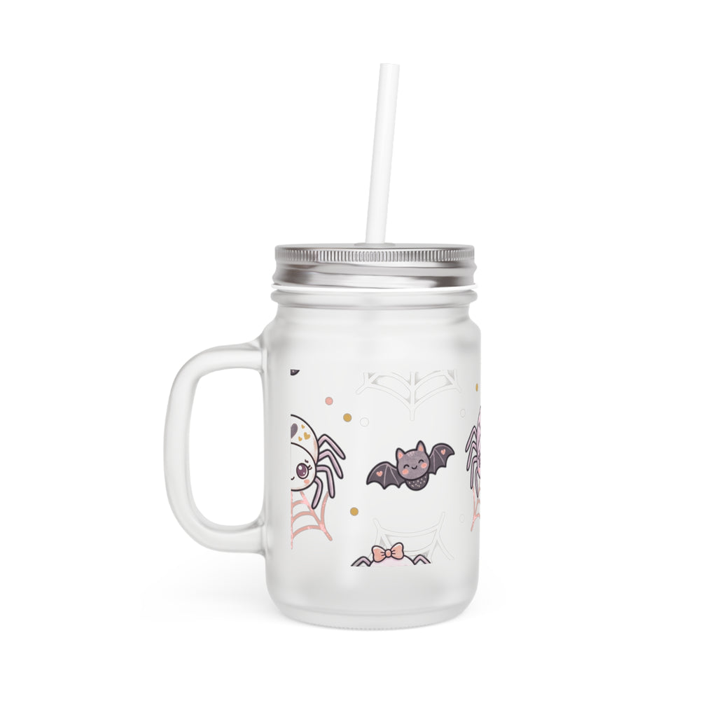 Cute Halloween Mason Jar Tumbler — Spider & Bat Candy Design with Straw