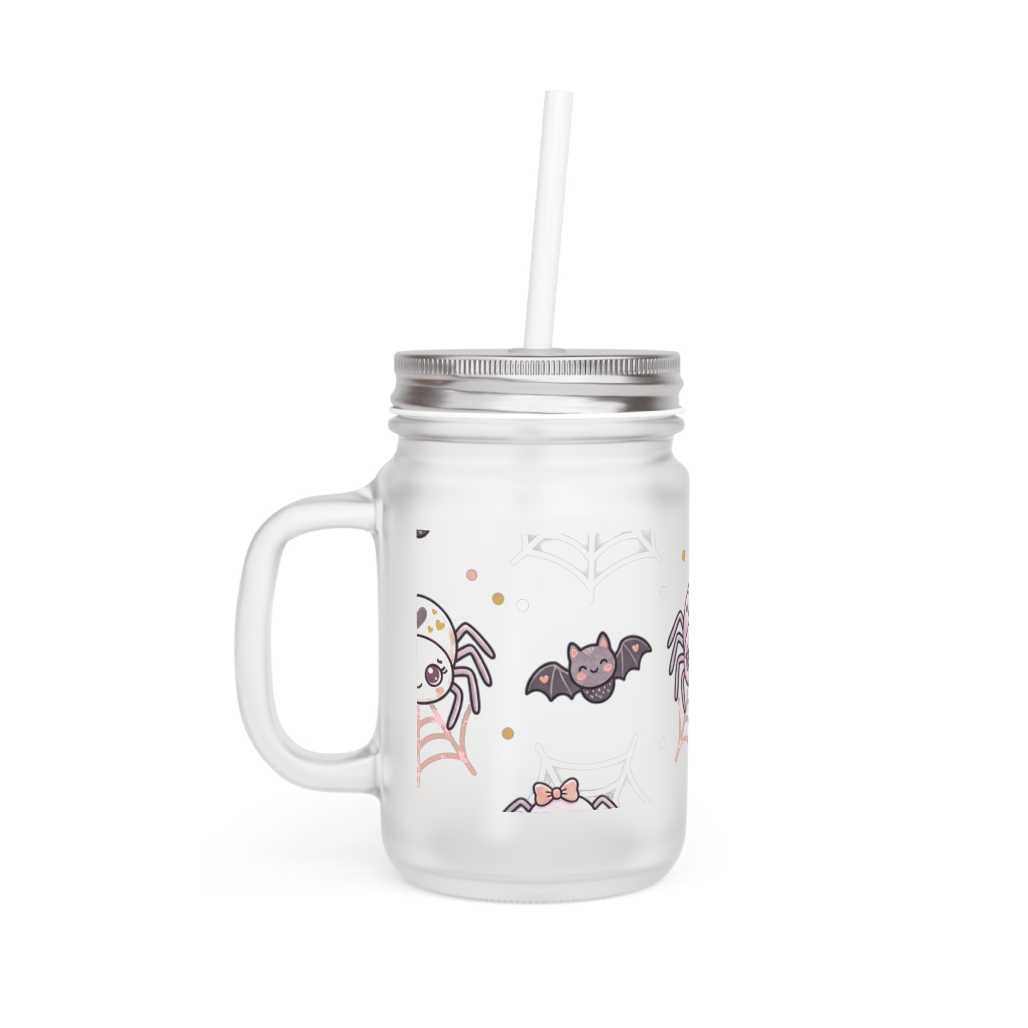 Cute Halloween Mason Jar Tumbler — Spider & Bat Candy Design with Straw