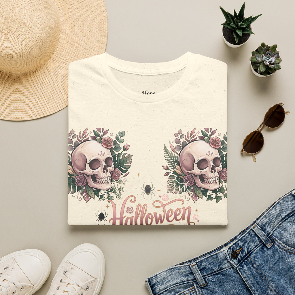 Halloween Skull Floral T-Shirt — Retro Script "Halloween" Tee