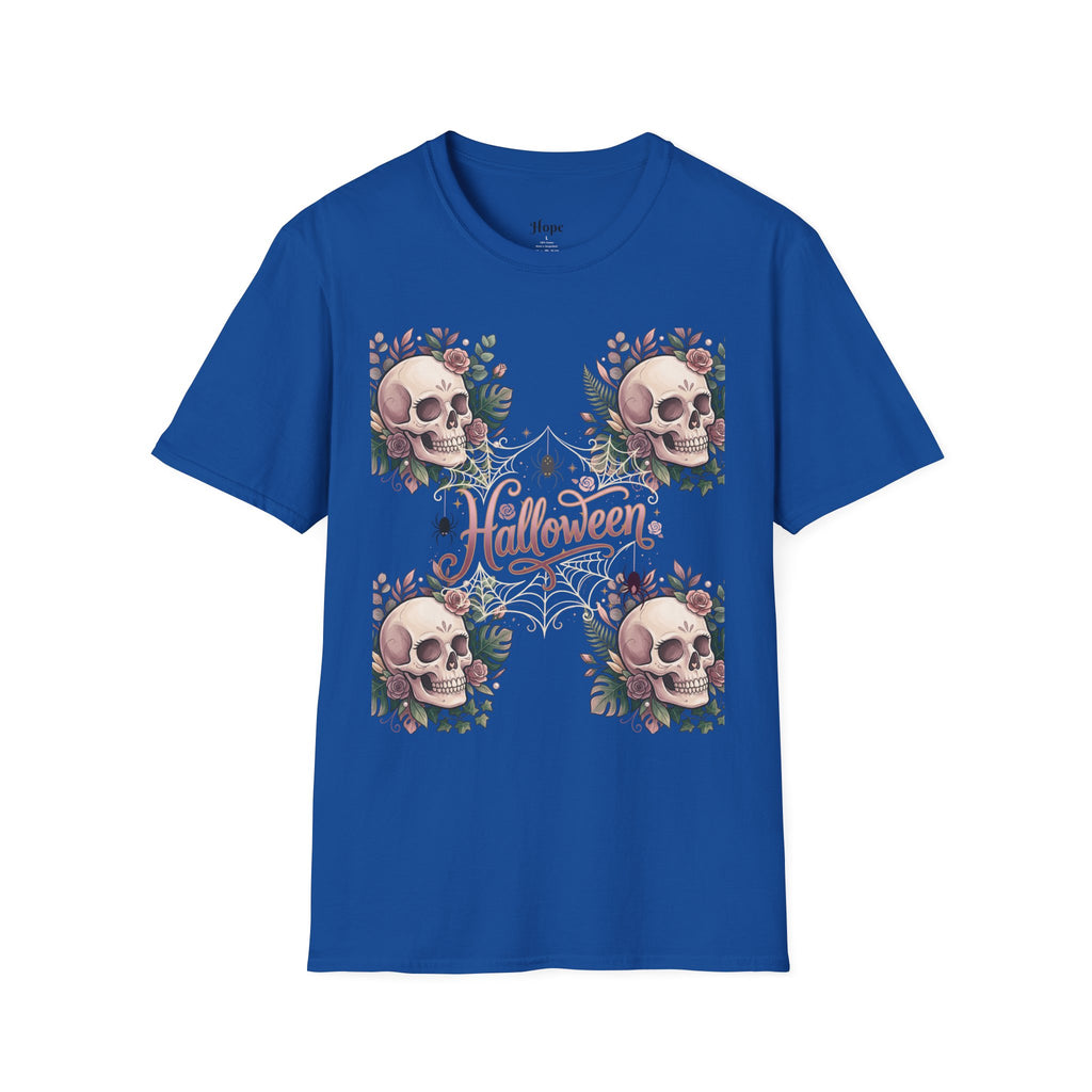 Halloween Skull Floral T-Shirt — Retro Script "Halloween" Tee