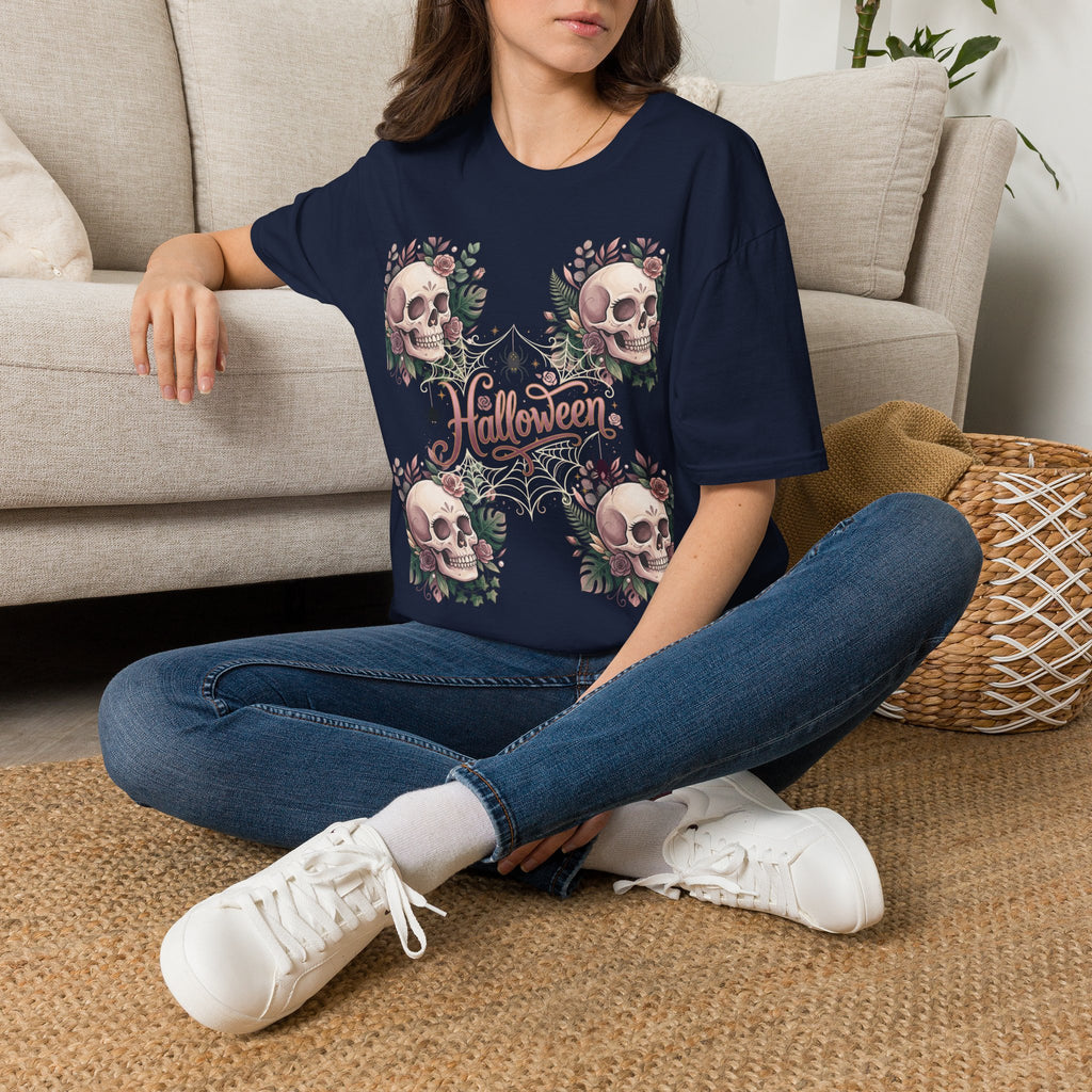Halloween Skull Floral T-Shirt — Retro Script "Halloween" Tee
