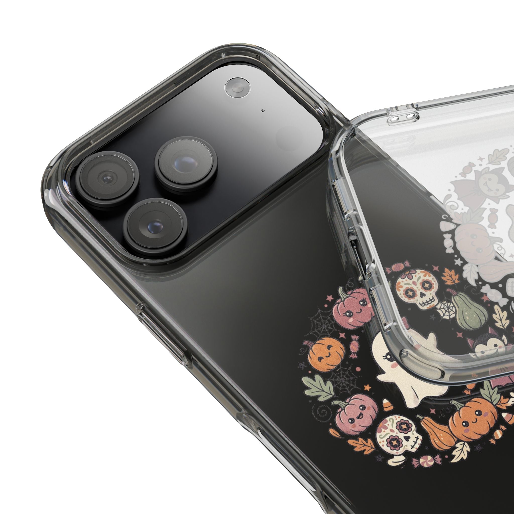 Halloween Ghost Wreath Clear Phone Case — Cute Pumpkin & Skull iPhone Cover