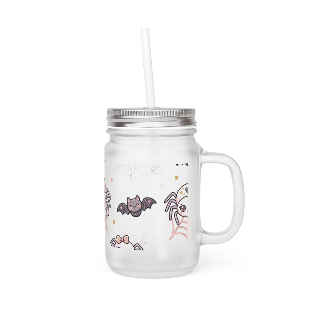 Cute Halloween Mason Jar Tumbler — Spider & Bat Candy Design with Straw