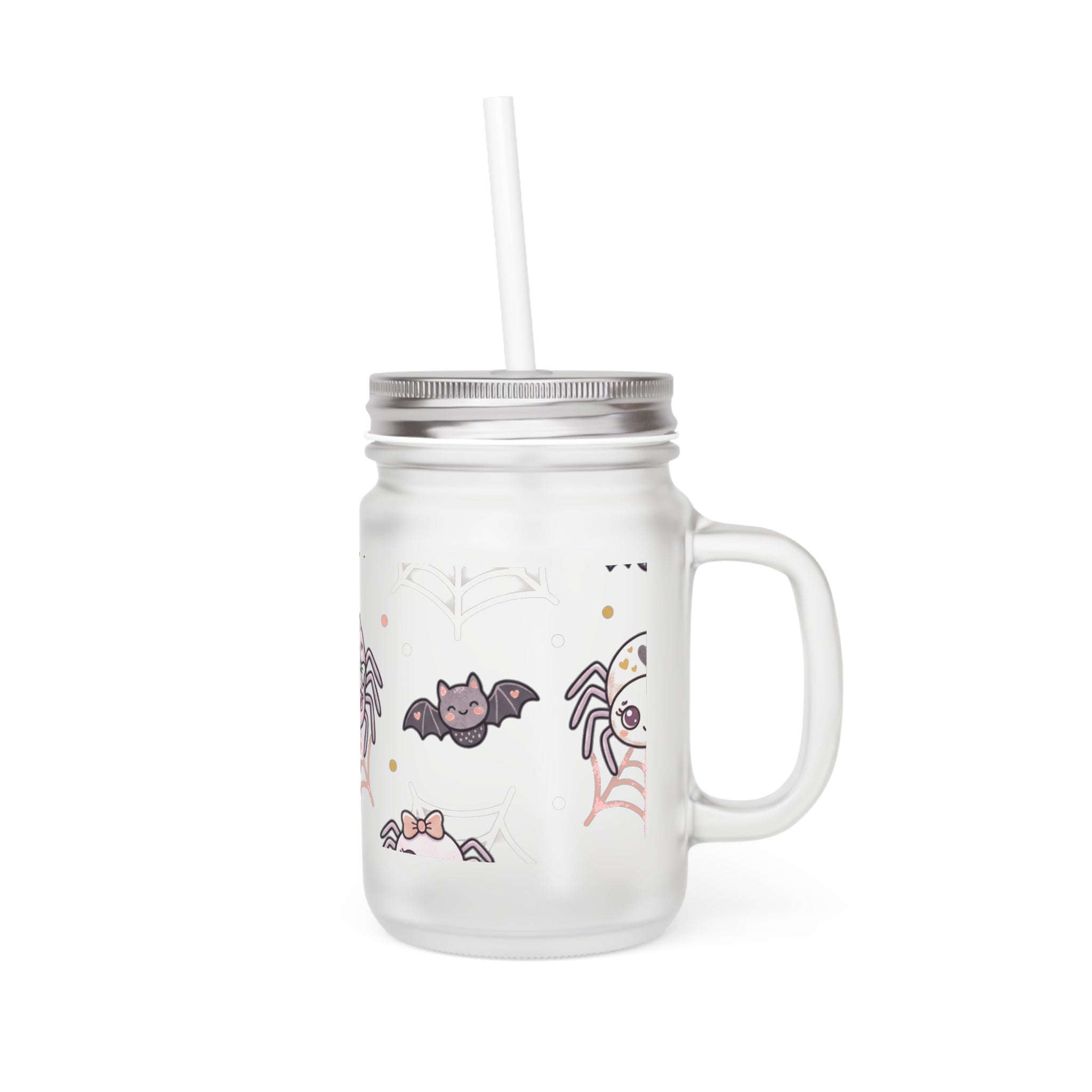Cute Halloween Mason Jar Tumbler — Spider & Bat Candy Design with Straw