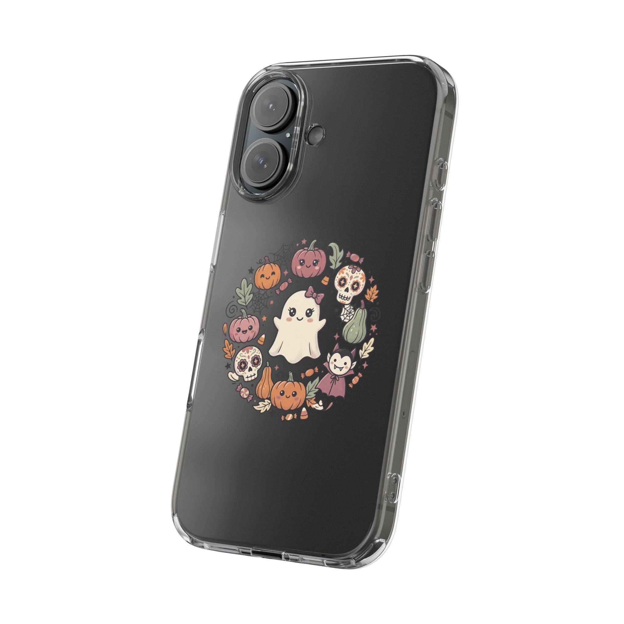 Halloween Ghost Wreath Clear Phone Case — Cute Pumpkin & Skull iPhone Cover