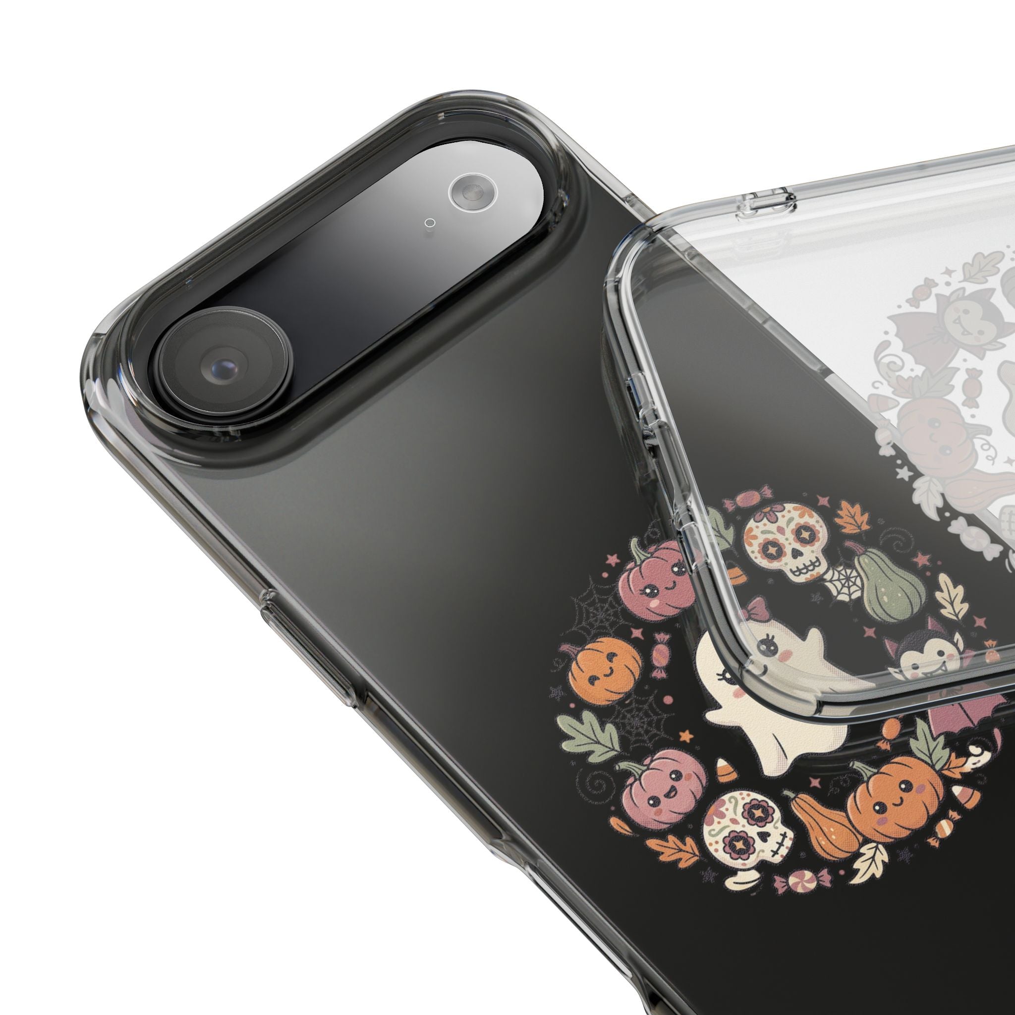 Halloween Ghost Wreath Clear Phone Case — Cute Pumpkin & Skull iPhone Cover