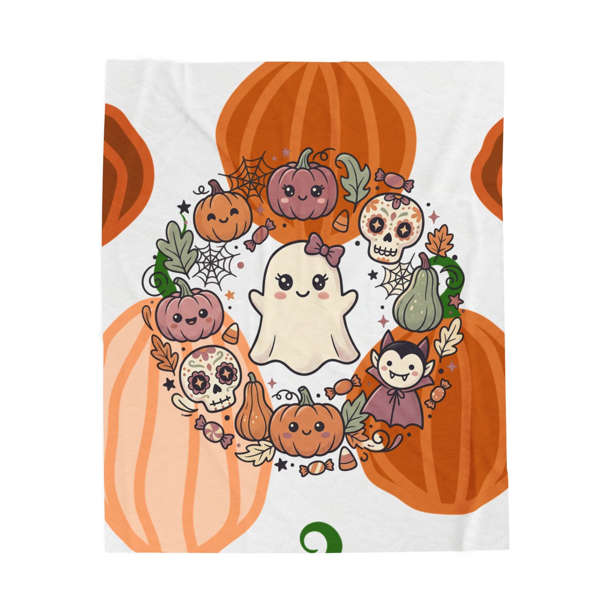 Halloween Ghost Plush Blanket — Cute Pumpkin & Sugar Skull Fall Throw