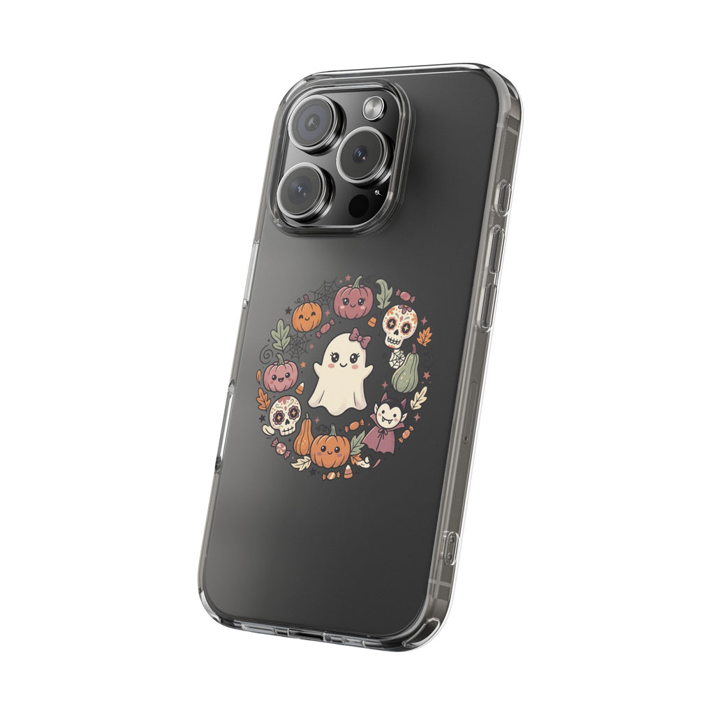 Halloween Ghost Wreath Clear Phone Case — Cute Pumpkin & Skull iPhone Cover