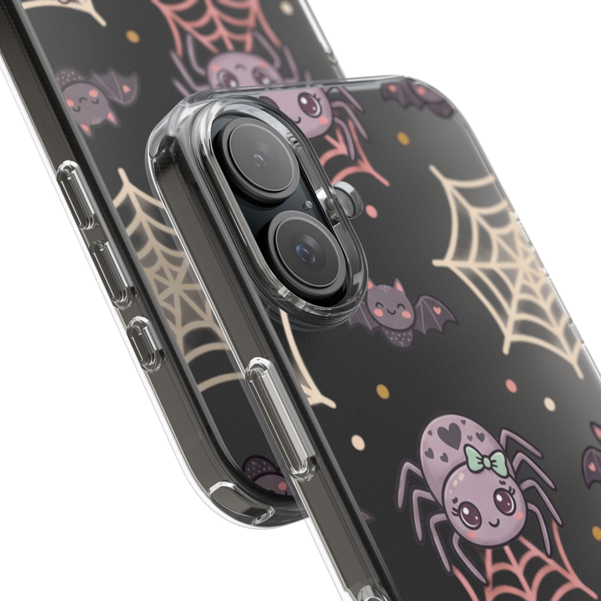 Cute Halloween Spider Clear Impact Phone Case — Kawaii Spider & Bat Halloween Design