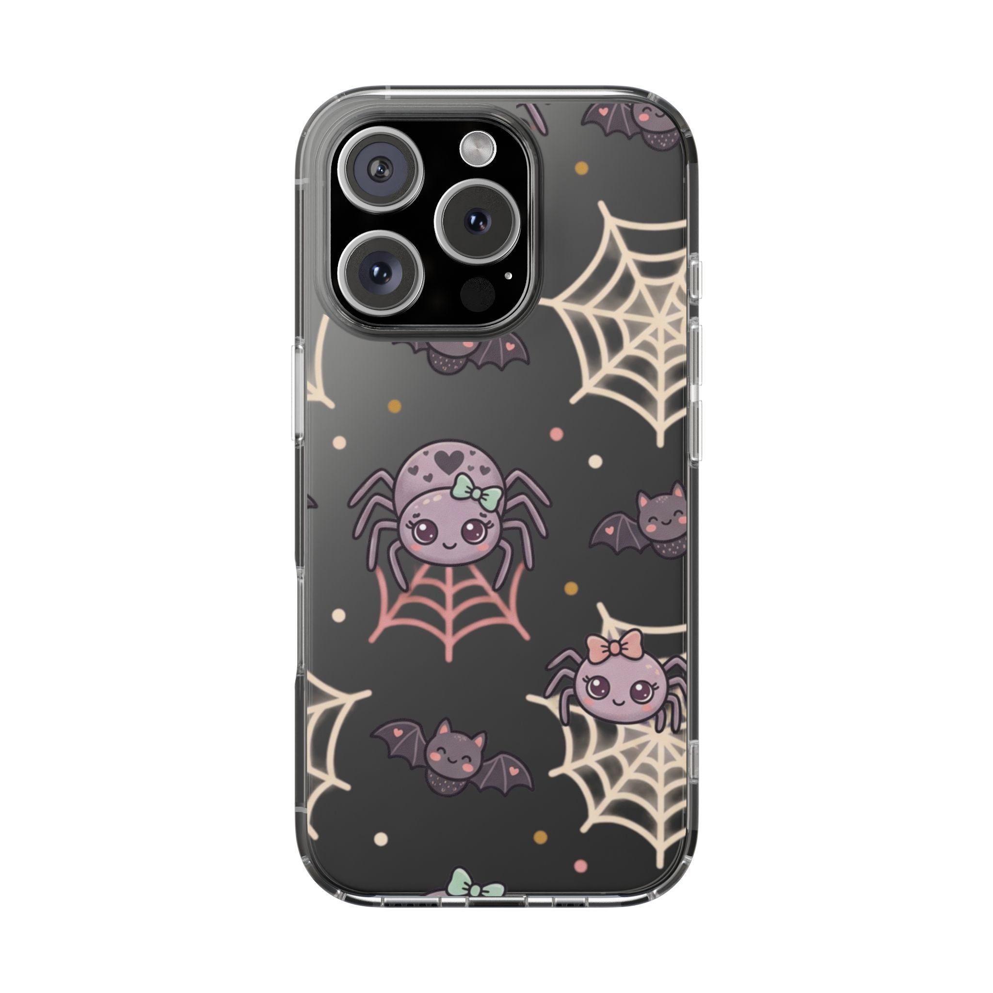 Cute Halloween Spider Clear Impact Phone Case — Kawaii Spider & Bat Halloween Design