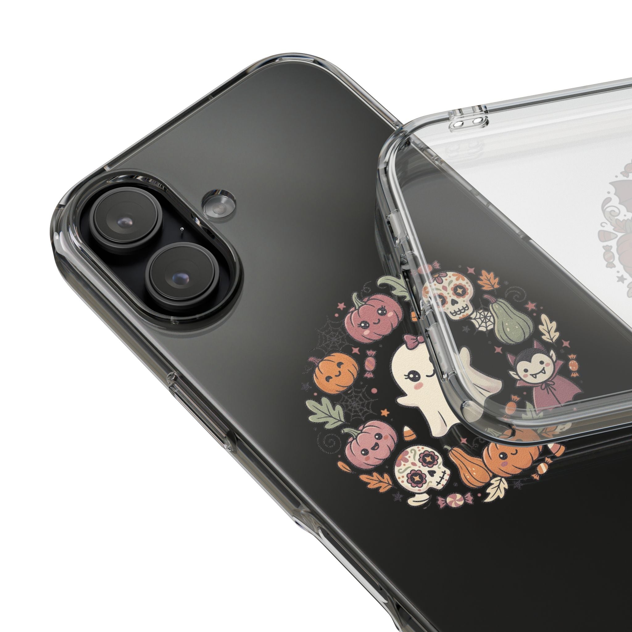 Halloween Ghost Wreath Clear Phone Case — Cute Pumpkin & Skull iPhone Cover