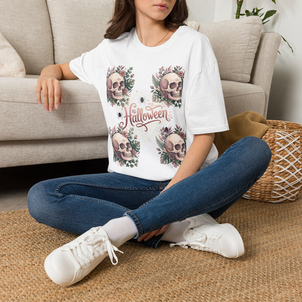 Halloween Skull Floral T-Shirt — Retro Script "Halloween" Tee