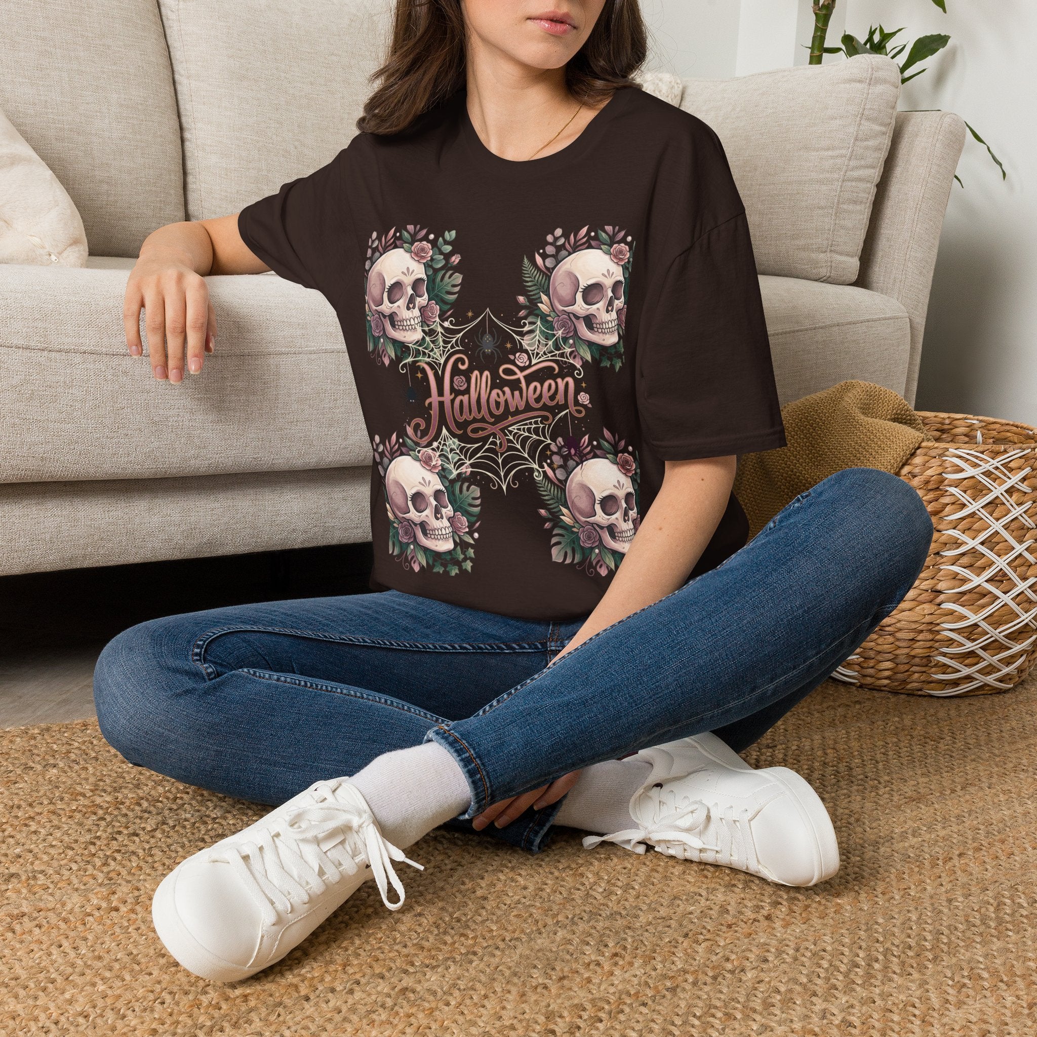 Halloween Skull Floral T-Shirt — Retro Script "Halloween" Tee
