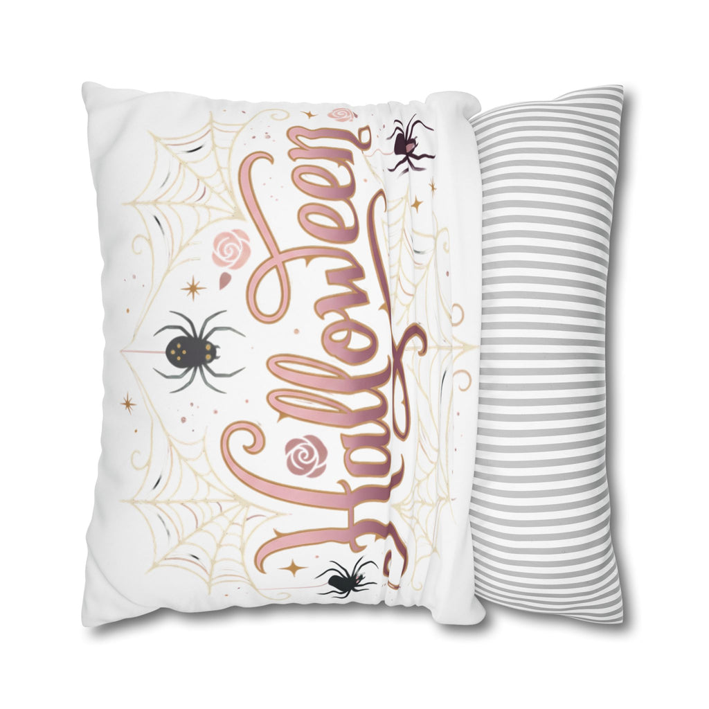 Halloween Decorative Pillowcase — Pink Script "Halloween" with Spiders & Webs