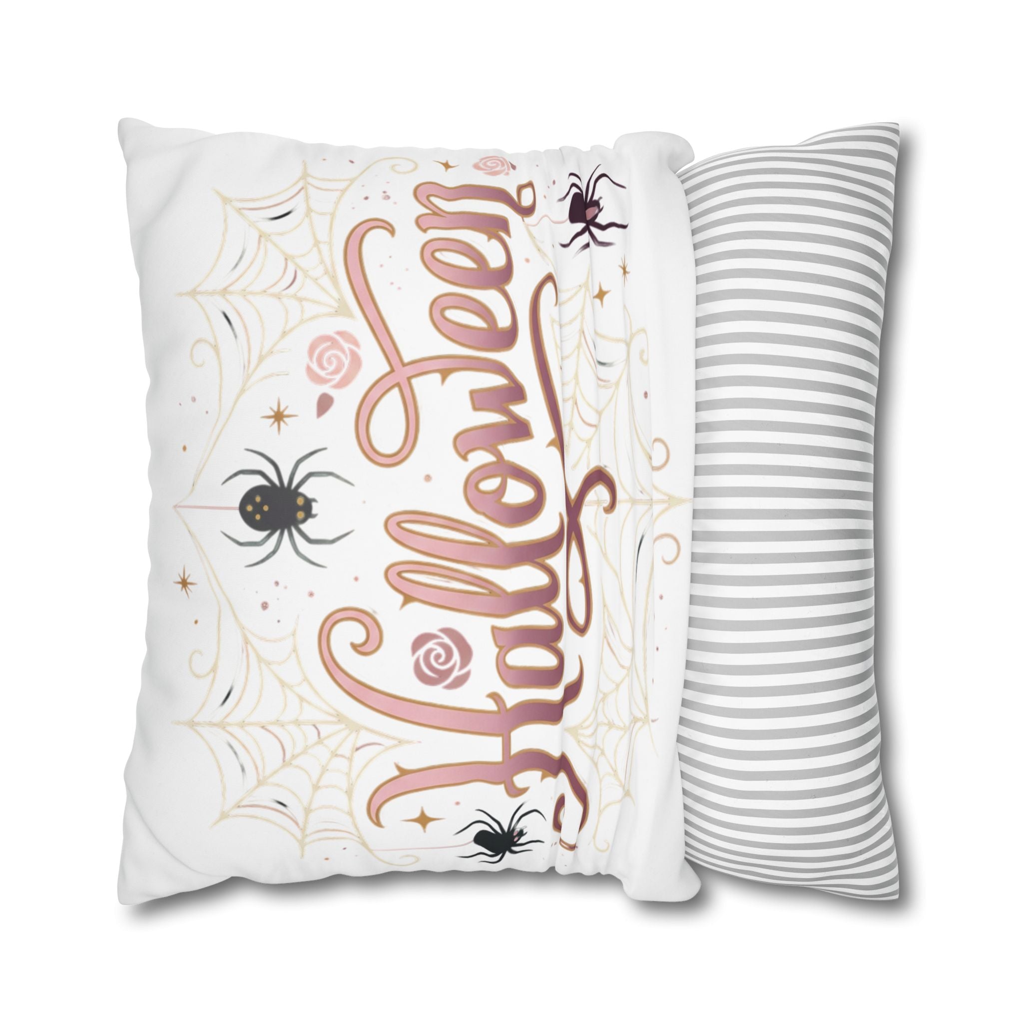 Halloween Decorative Pillowcase — Pink Script "Halloween" with Spiders & Webs