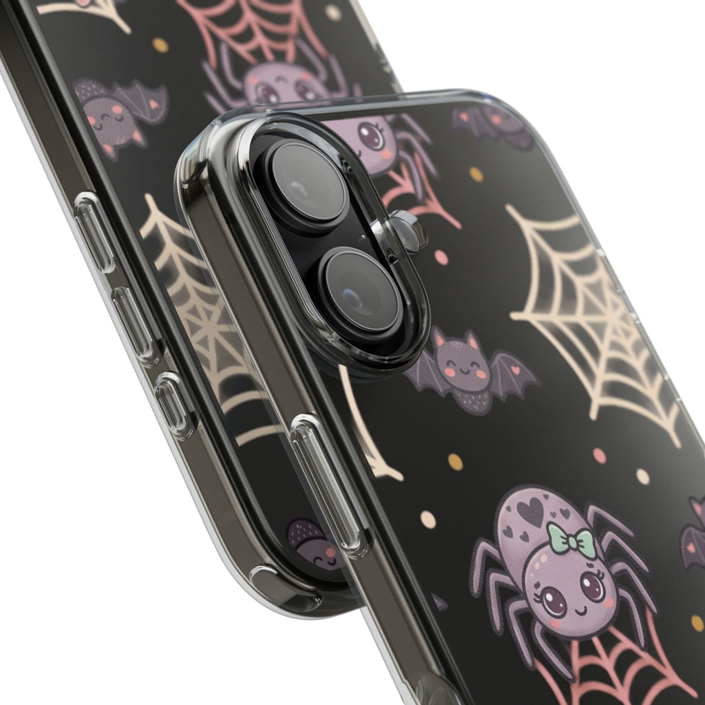 Cute Halloween Spider Clear Impact Phone Case — Kawaii Spider & Bat Halloween Design